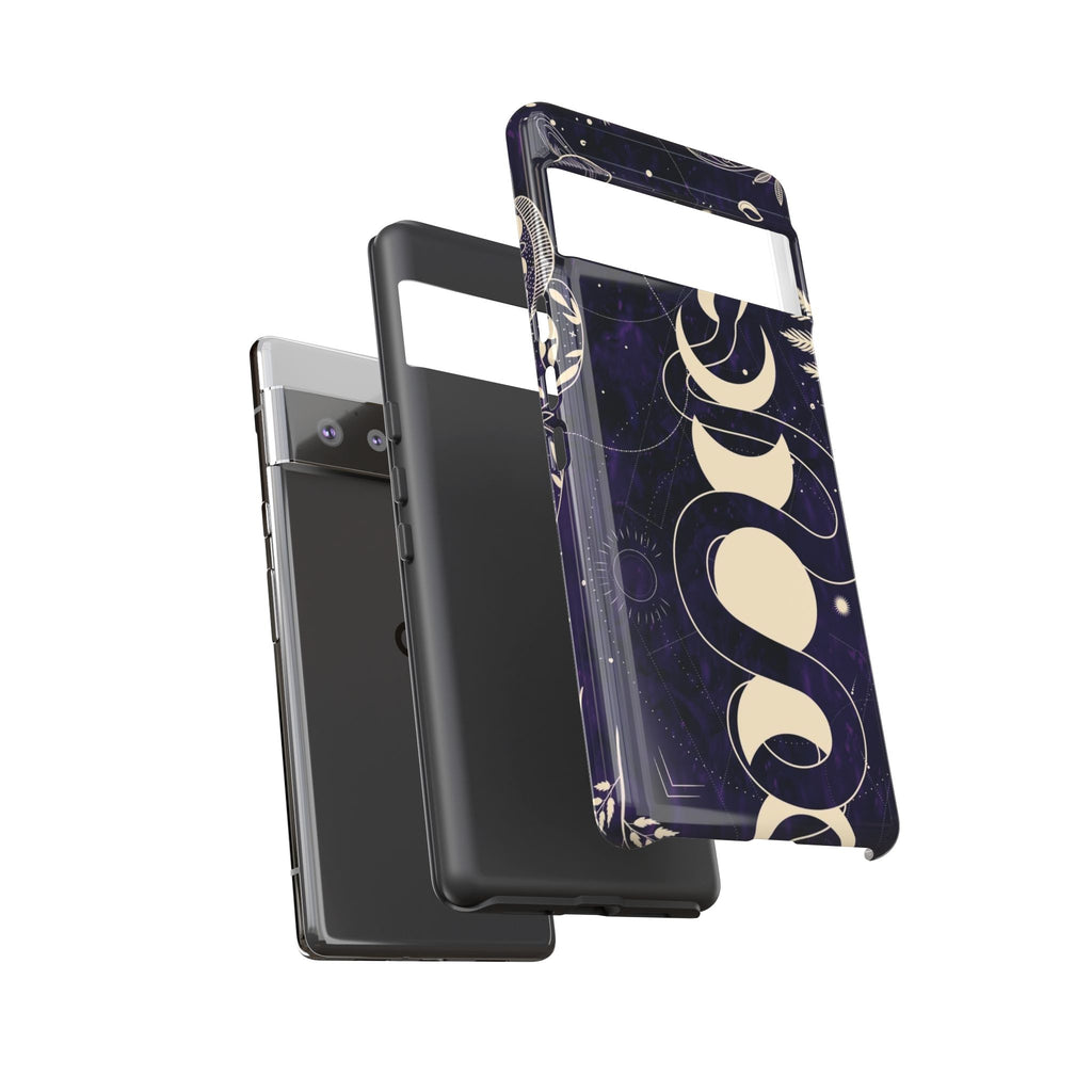 Dark Violet Phone Case with Lunar Phases, Snake & Cosmic Motifs | Durable and Stylish, Perfect for Astrology Lovers