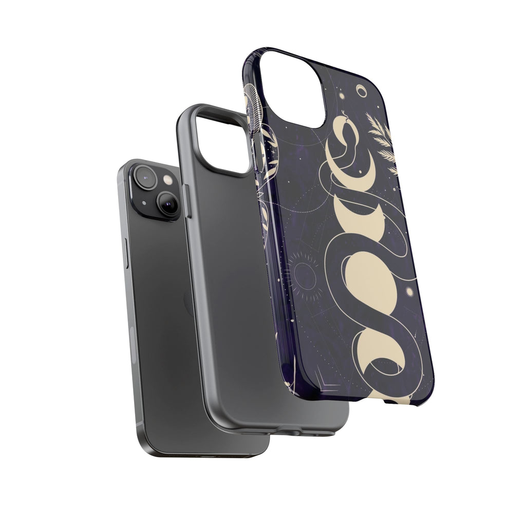 Dark Violet Phone Case with Lunar Phases, Snake & Cosmic Motifs | Durable and Stylish, Perfect for Astrology Lovers