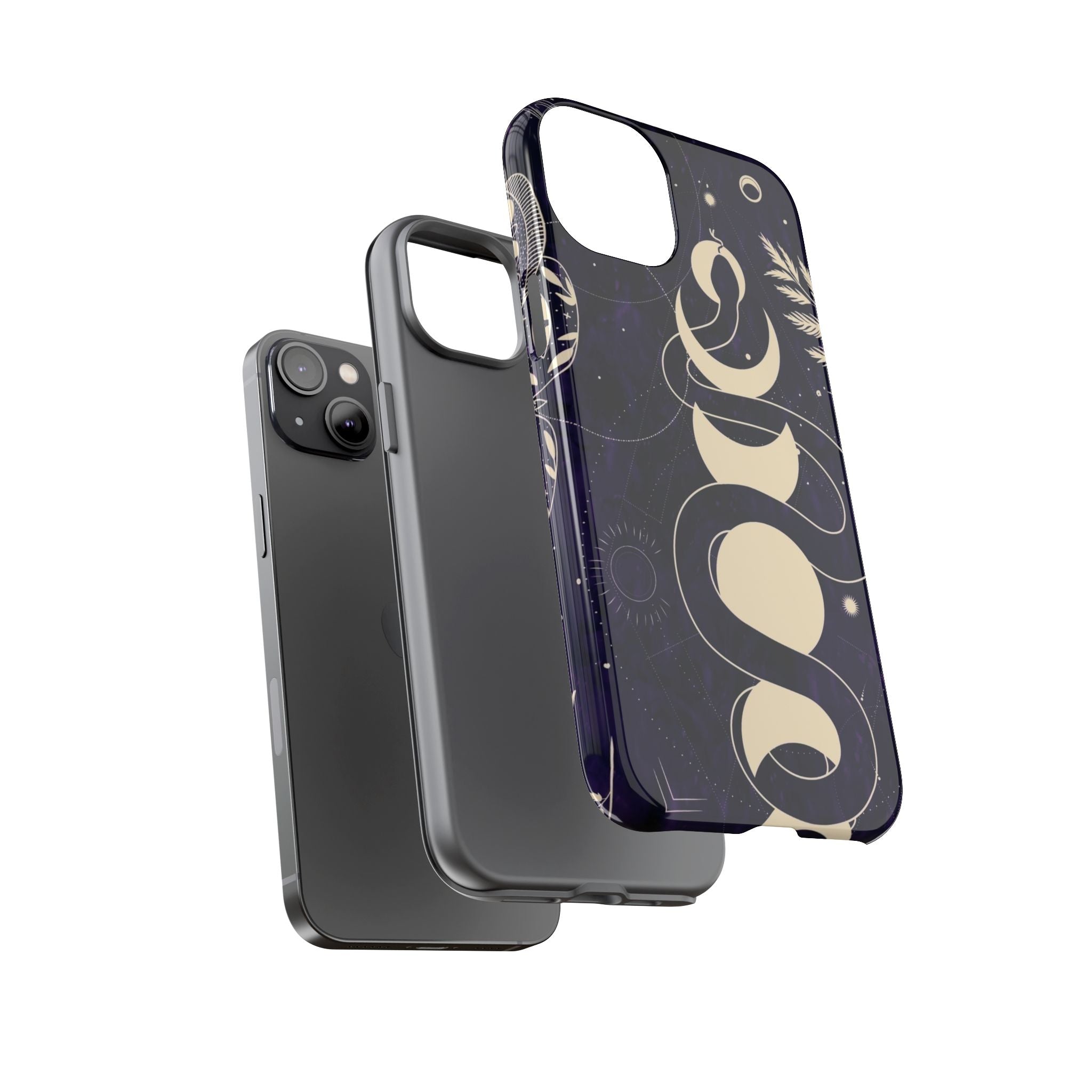 Dark Violet Phone Case with Lunar Phases, Snake & Cosmic Motifs | Durable and Stylish, Perfect for Astrology Lovers