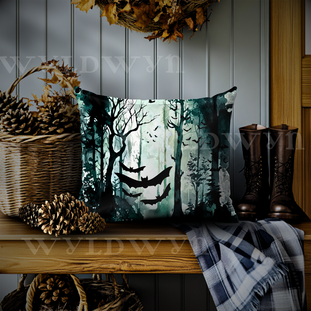 Gothic Bat Forest Faux Suede Pillow