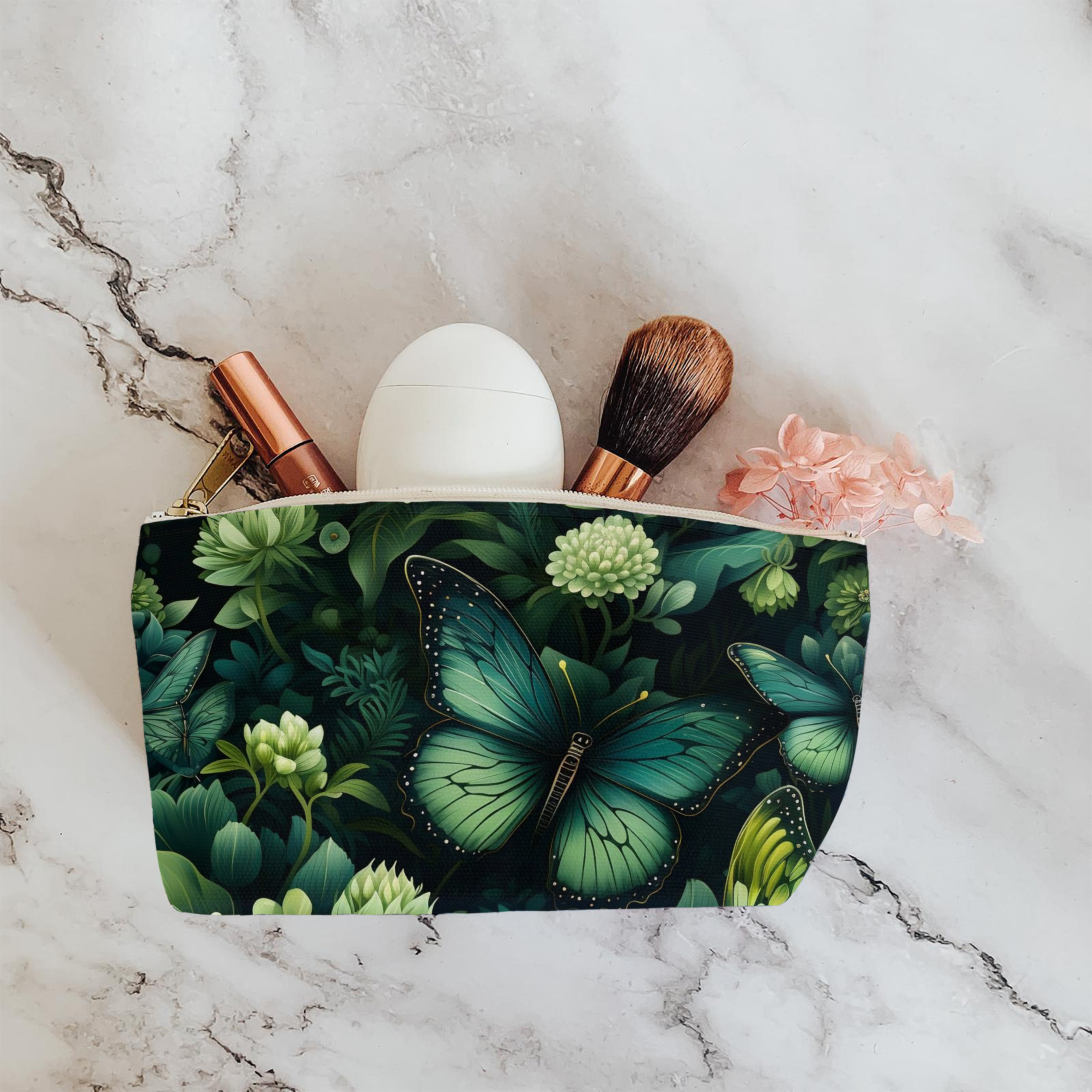 Botany of Wings Emerald Accessory Bag: Features a botanical and butterfly motif, perfect for organizing essentials with a touch of natural elegance.