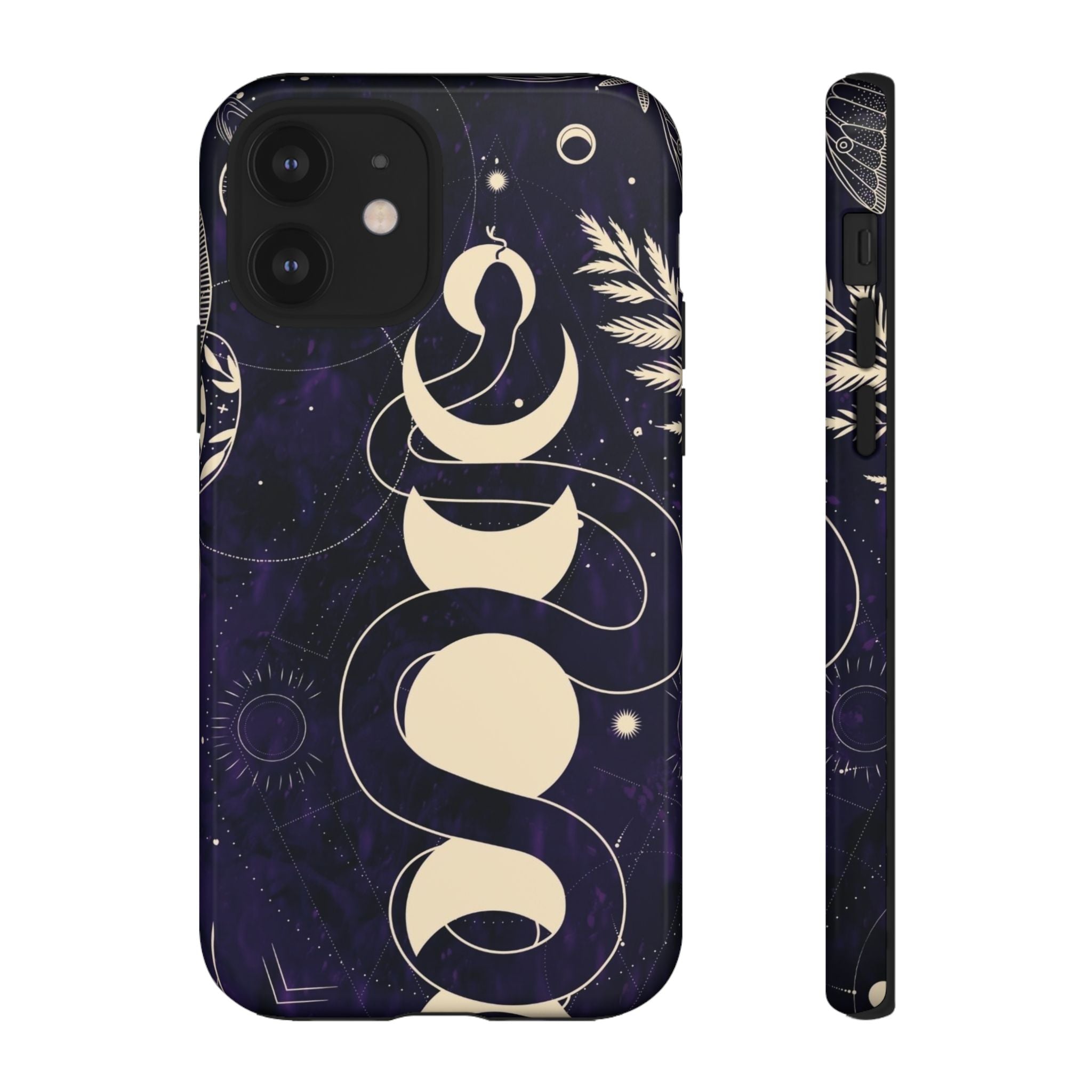 Dark Violet Phone Case with Lunar Phases, Snake & Cosmic Motifs | Durable and Stylish, Perfect for Astrology Lovers