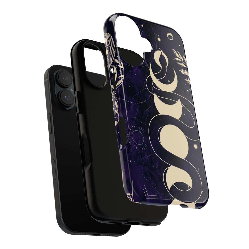 Dark Violet Phone Case with Lunar Phases, Snake & Cosmic Motifs | Durable and Stylish, Perfect for Astrology Lovers