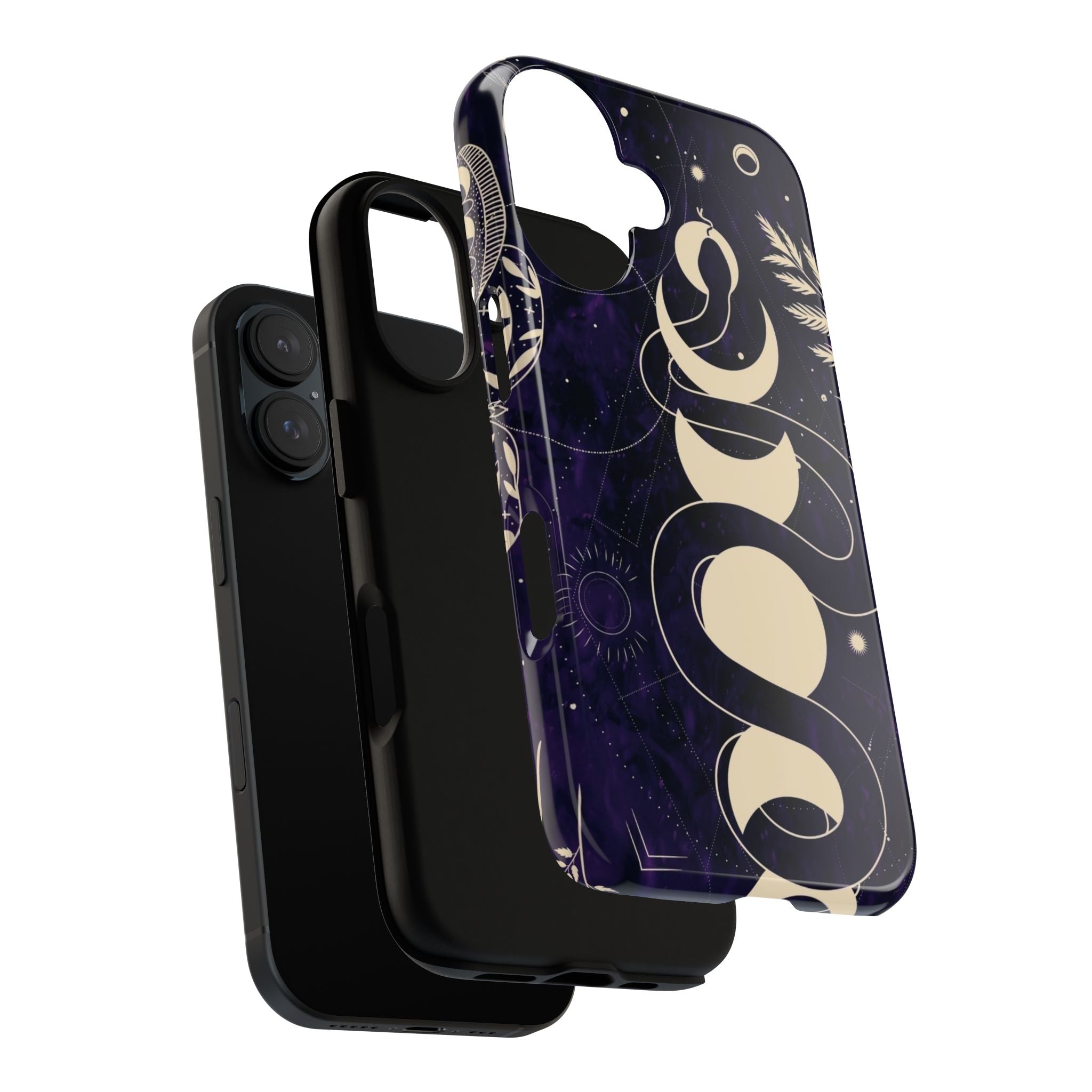 Dark Violet Phone Case with Lunar Phases, Snake & Cosmic Motifs | Durable and Stylish, Perfect for Astrology Lovers