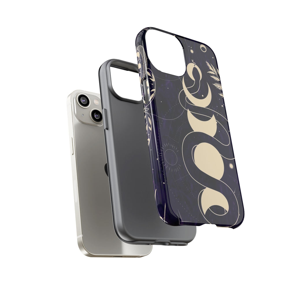 Dark Violet Phone Case with Lunar Phases, Snake & Cosmic Motifs | Durable and Stylish, Perfect for Astrology Lovers