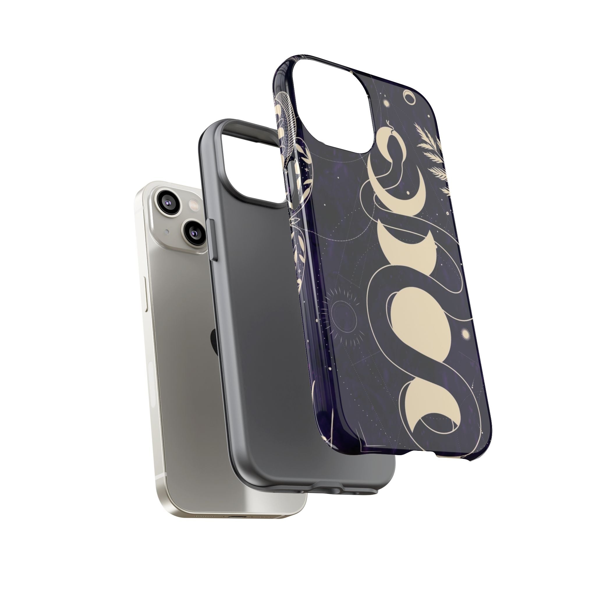 Dark Violet Phone Case with Lunar Phases, Snake & Cosmic Motifs | Durable and Stylish, Perfect for Astrology Lovers