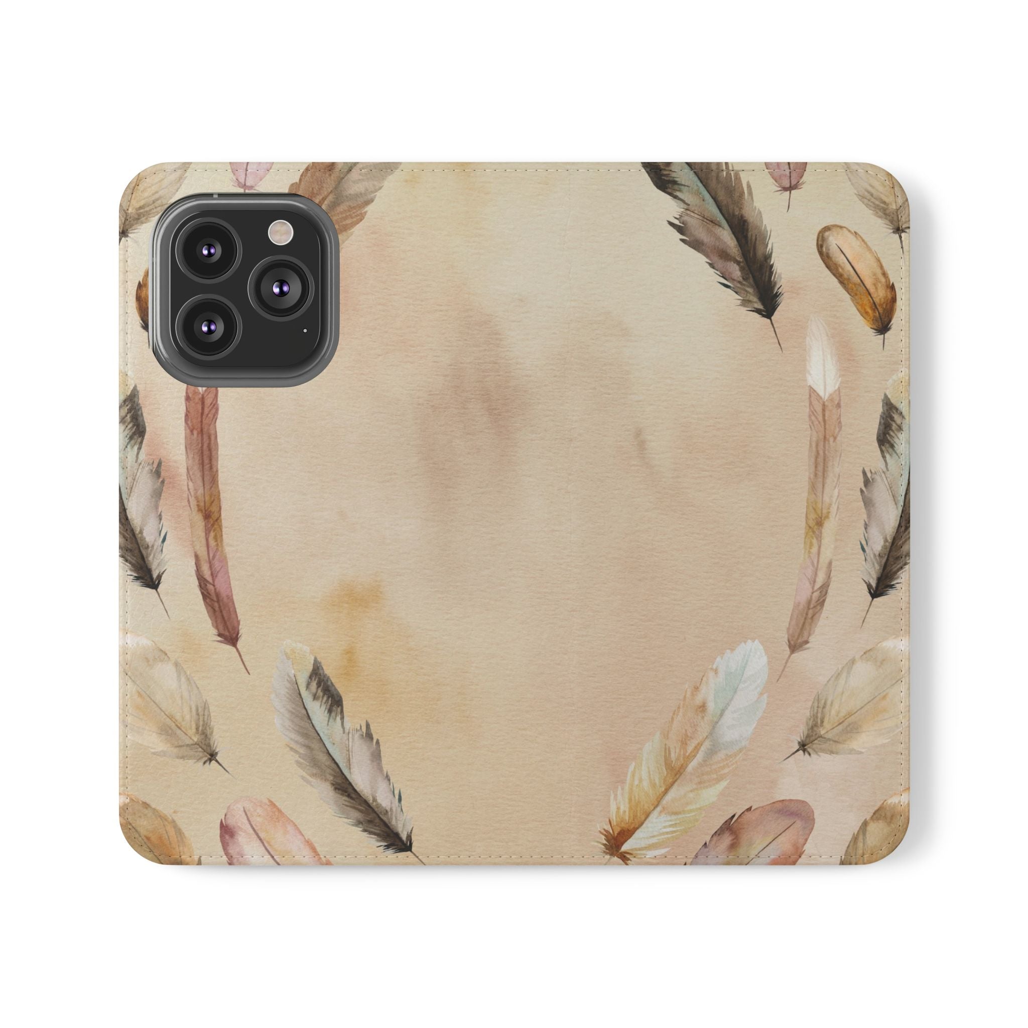 Feathers Flip Case, Phone Case, Protective Cover, Faux Leather Stand Feature Card & Cash Storage, Vibrant Colors, Stylish and Practical