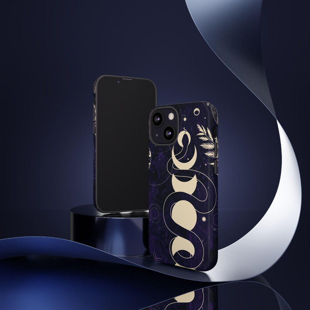 Dark Violet Phone Case with Lunar Phases, Snake & Cosmic Motifs | Durable and Stylish, Perfect for Astrology Lovers