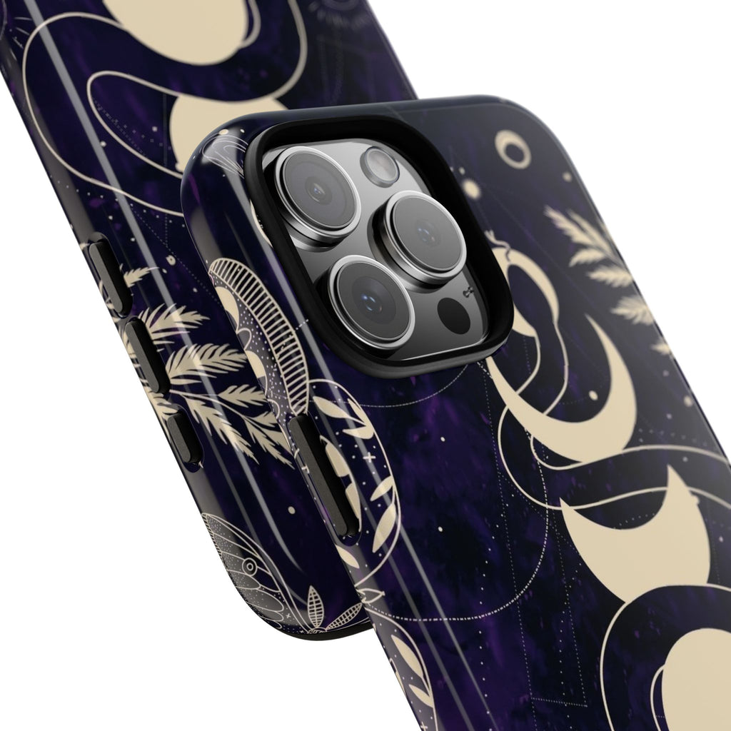 Dark Violet Phone Case with Lunar Phases, Snake & Cosmic Motifs | Durable and Stylish, Perfect for Astrology Lovers
