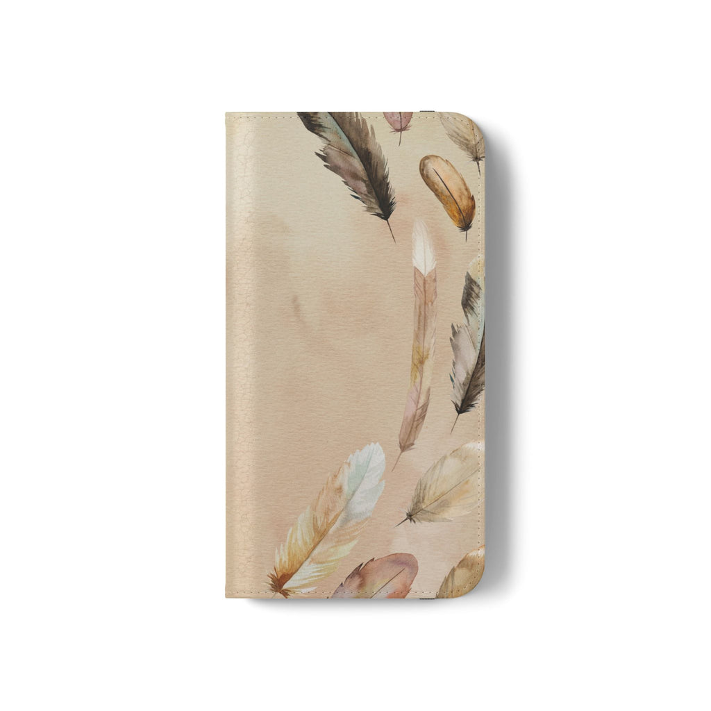 Feathers Flip Case, Phone Case, Protective Cover, Faux Leather Stand Feature Card & Cash Storage, Vibrant Colors, Stylish and Practical