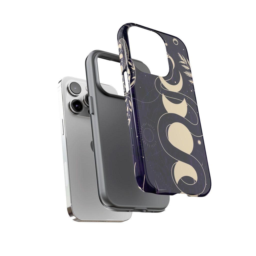 Dark Violet Phone Case with Lunar Phases, Snake & Cosmic Motifs | Durable and Stylish, Perfect for Astrology Lovers