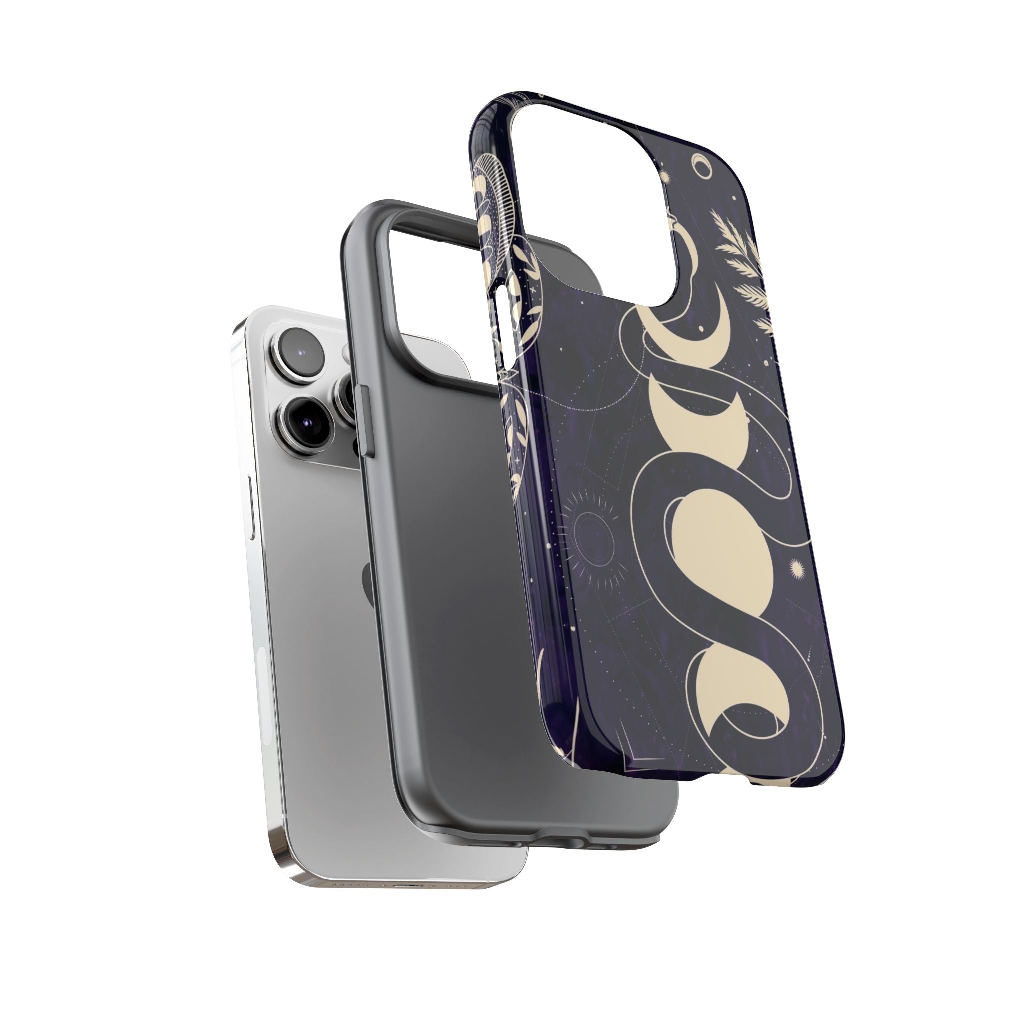 Dark Violet Phone Case with Lunar Phases, Snake & Cosmic Motifs | Durable and Stylish, Perfect for Astrology Lovers
