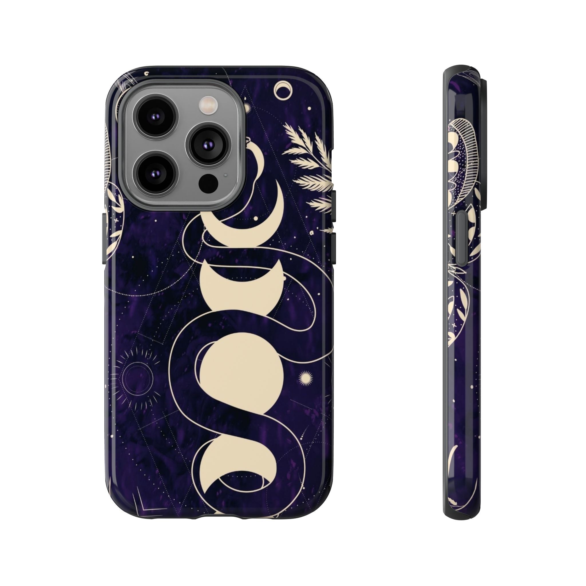 Dark Violet Phone Case with Lunar Phases, Snake & Cosmic Motifs | Durable and Stylish, Perfect for Astrology Lovers