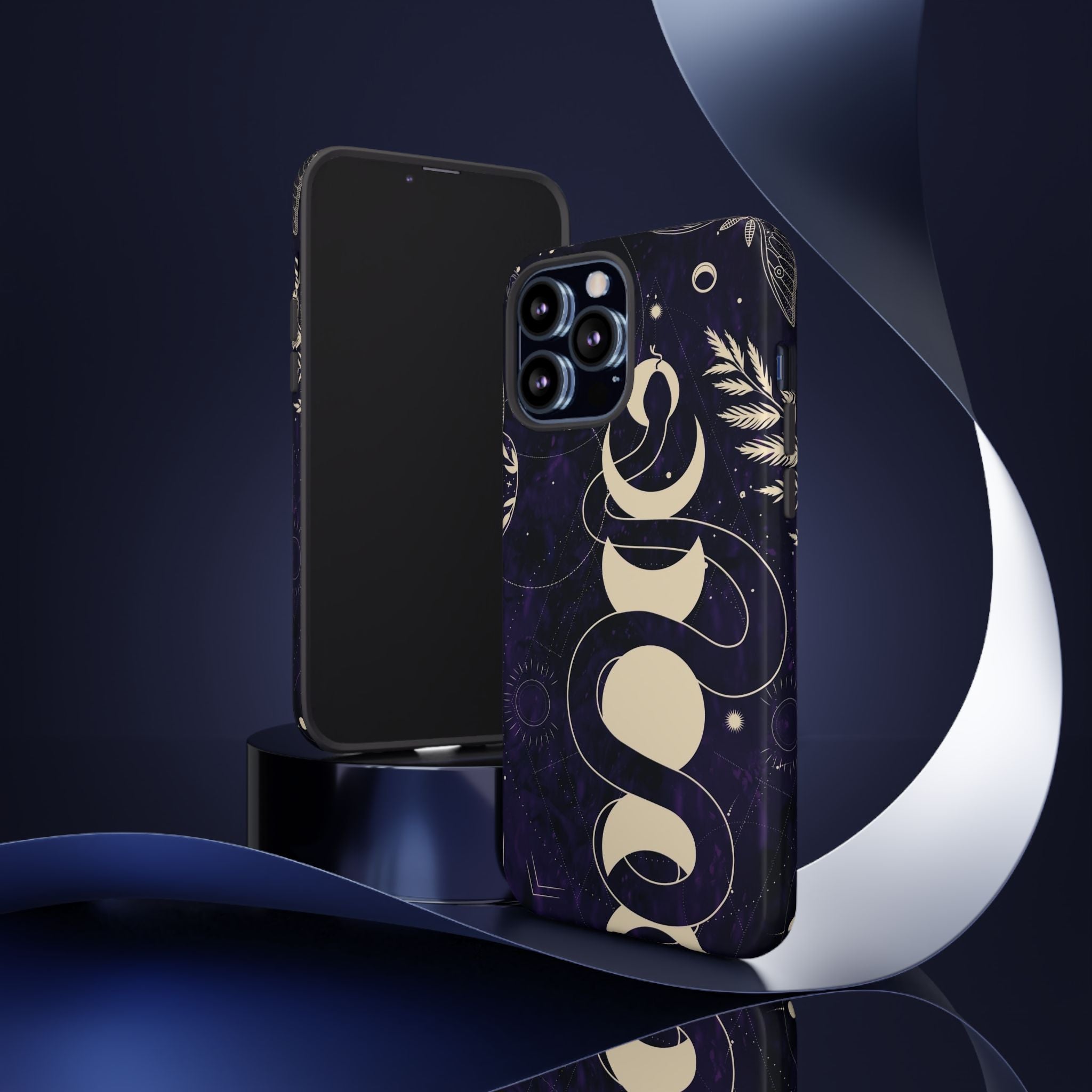 Dark Violet Phone Case with Lunar Phases, Snake & Cosmic Motifs | Durable and Stylish, Perfect for Astrology Lovers