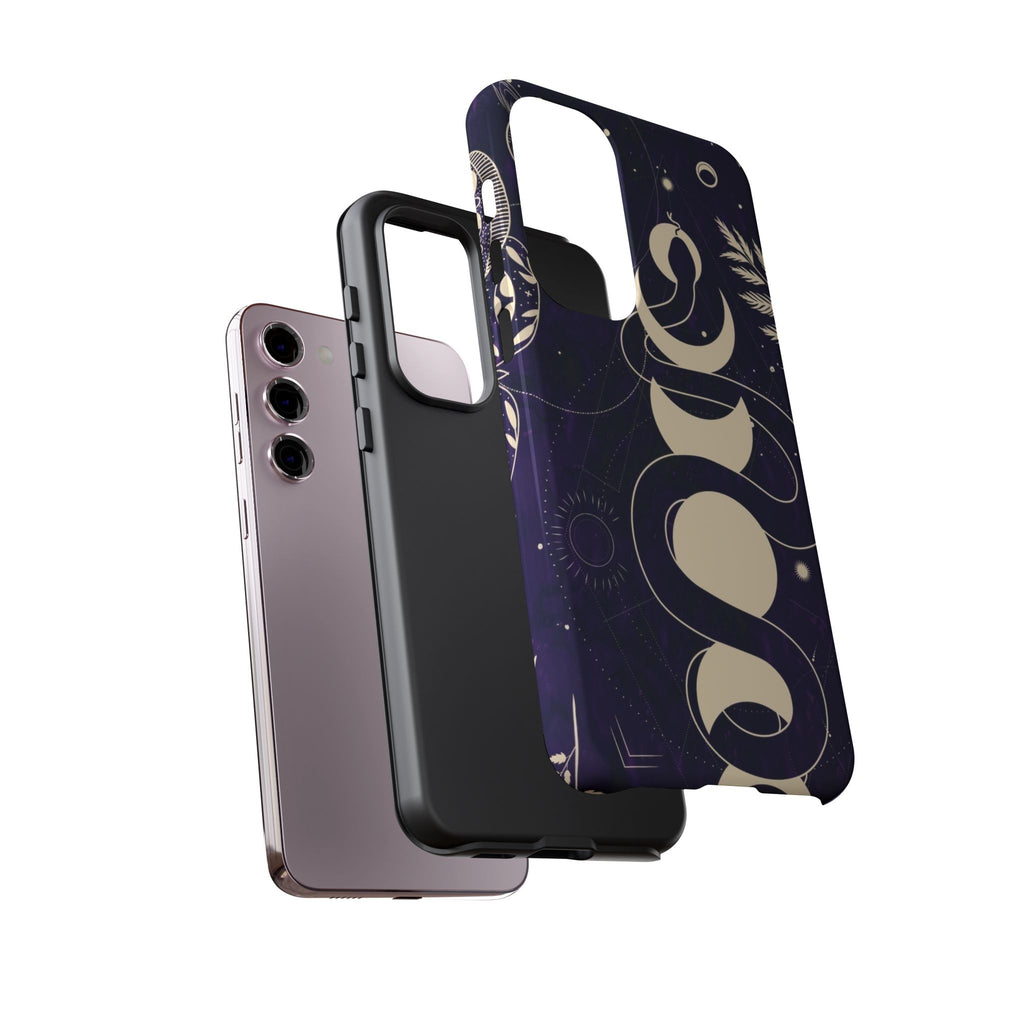 Dark Violet Phone Case with Lunar Phases, Snake & Cosmic Motifs | Durable and Stylish, Perfect for Astrology Lovers