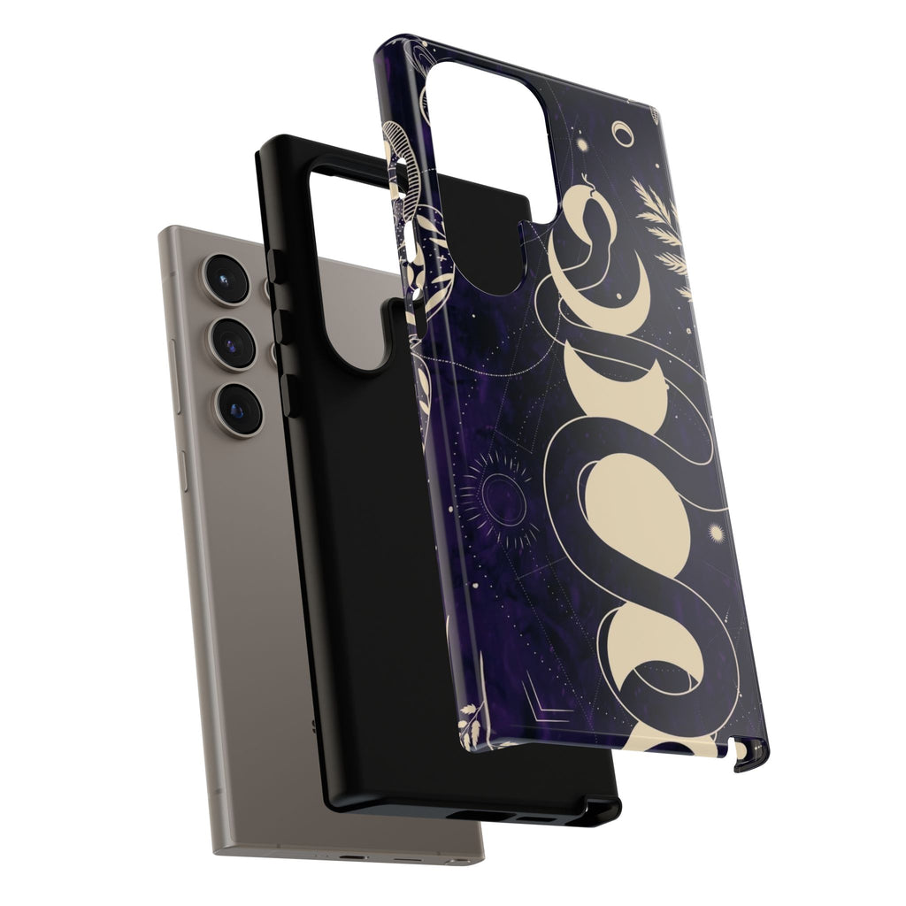 Dark Violet Phone Case with Lunar Phases, Snake & Cosmic Motifs | Durable and Stylish, Perfect for Astrology Lovers