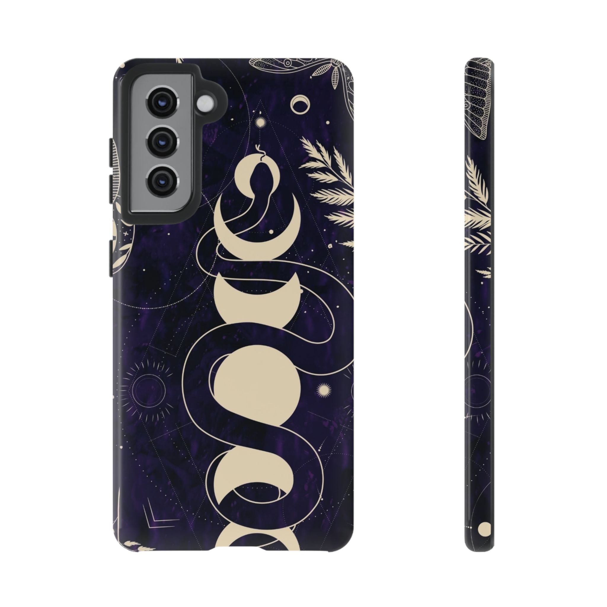 Dark Violet Phone Case with Lunar Phases, Snake & Cosmic Motifs | Durable and Stylish, Perfect for Astrology Lovers