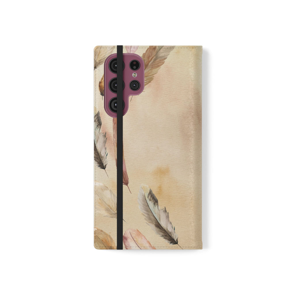 Feathers Flip Case, Phone Case, Protective Cover, Faux Leather Stand Feature Card & Cash Storage, Vibrant Colors, Stylish and Practical