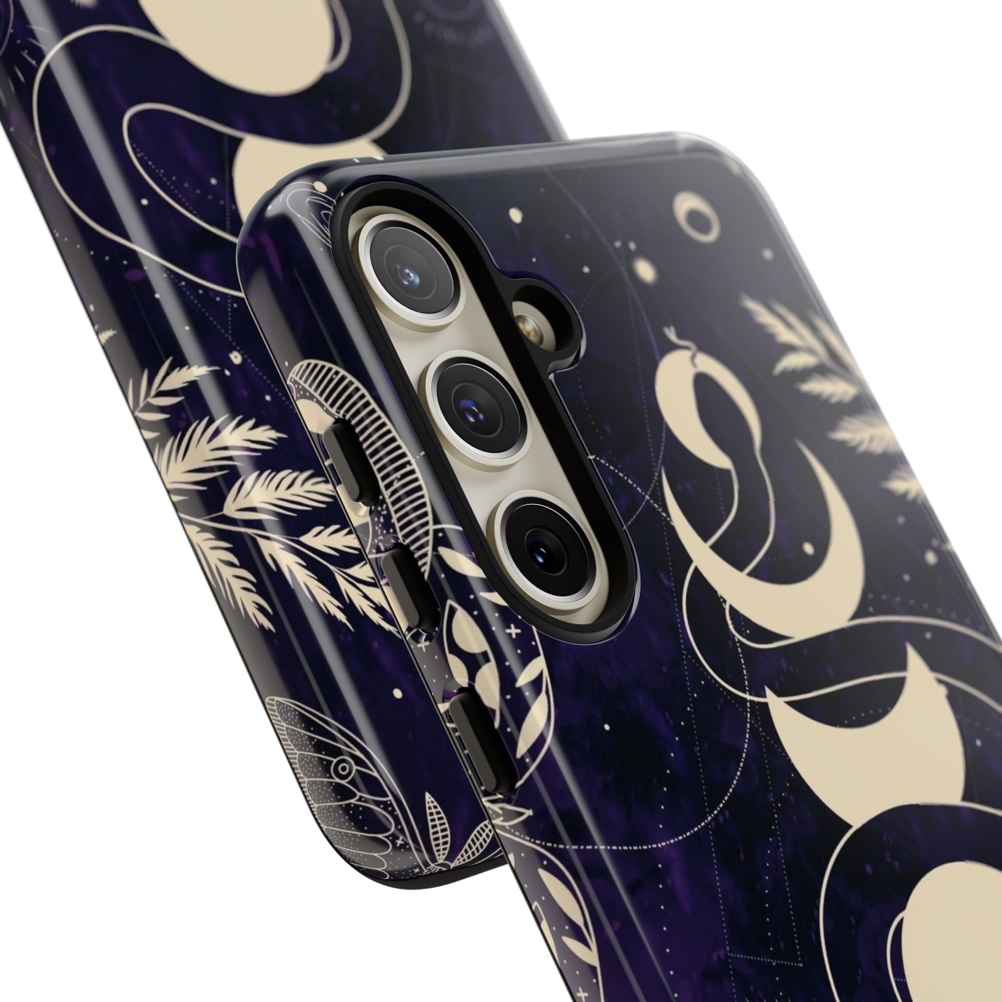Dark Violet Phone Case with Lunar Phases, Snake & Cosmic Motifs | Durable and Stylish, Perfect for Astrology Lovers