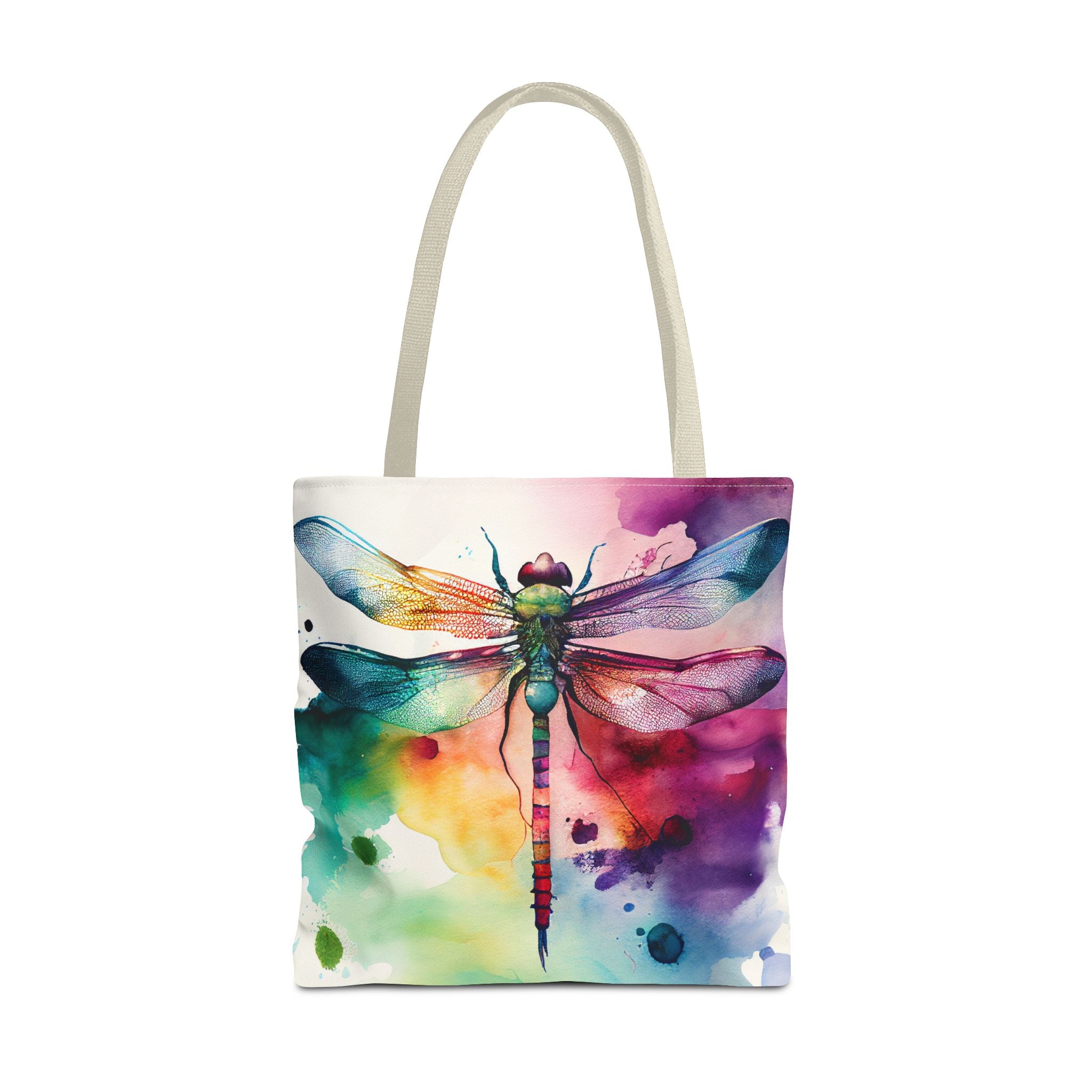 Dragonfly Watercolor Tote Bag, Colorful AOP Tote, Three Sizes, 5 Handle Colors, Nature Lover Gift, Eco-friendly Reusable Bag, Beach Bag,