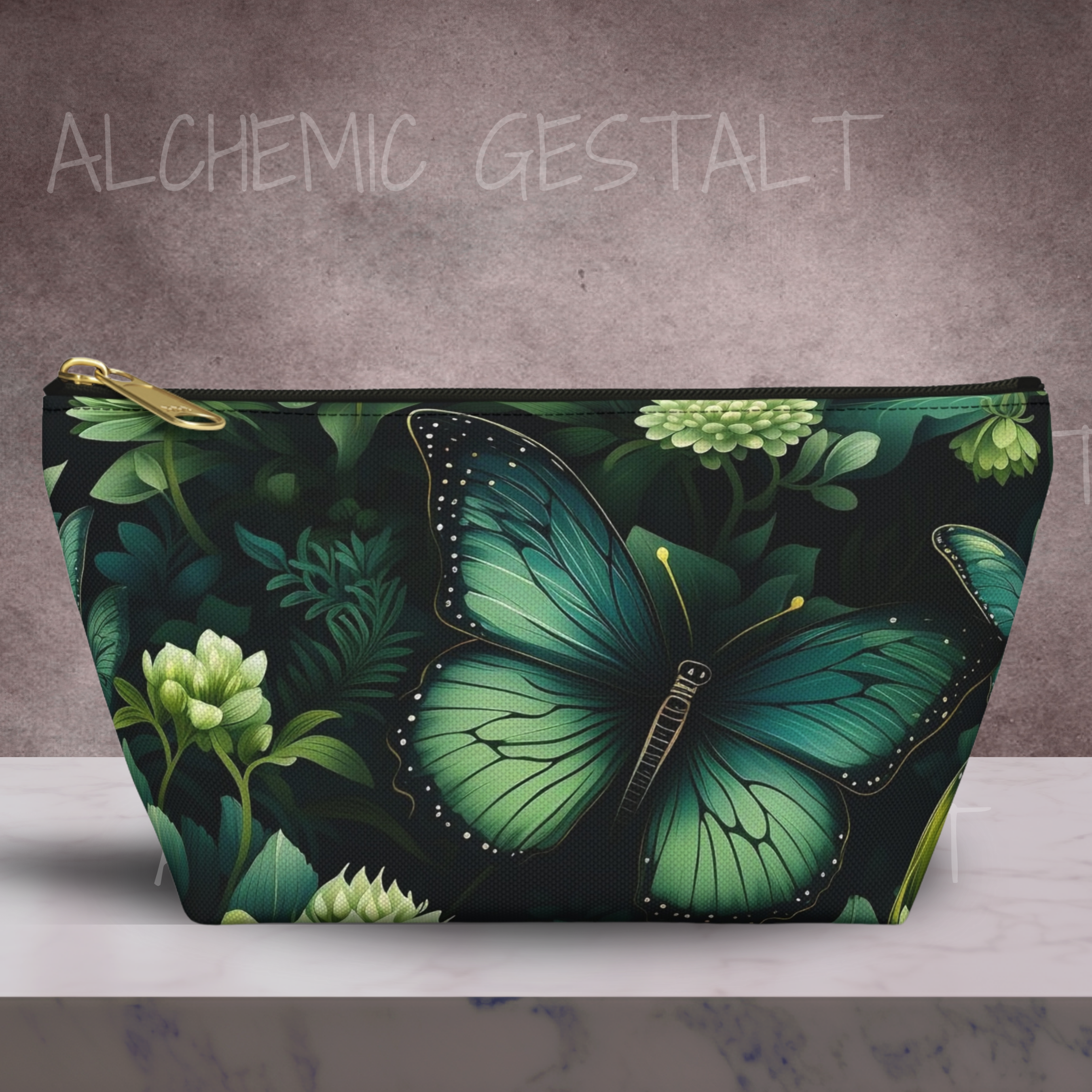 Botany of Wings Emerald Accessory Bag: Features a botanical and butterfly motif, perfect for organizing essentials with a touch of natural elegance.