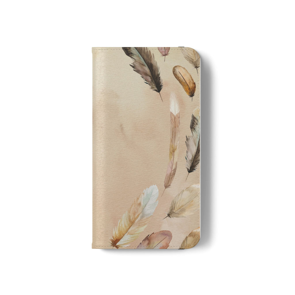 Feathers Flip Case, Phone Case, Protective Cover, Faux Leather Stand Feature Card & Cash Storage, Vibrant Colors, Stylish and Practical