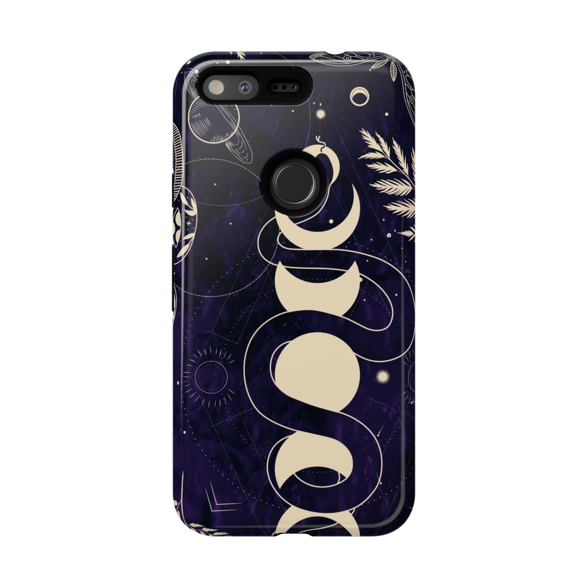 Dark Violet Phone Case with Lunar Phases, Snake & Cosmic Motifs | Durable and Stylish, Perfect for Astrology Lovers