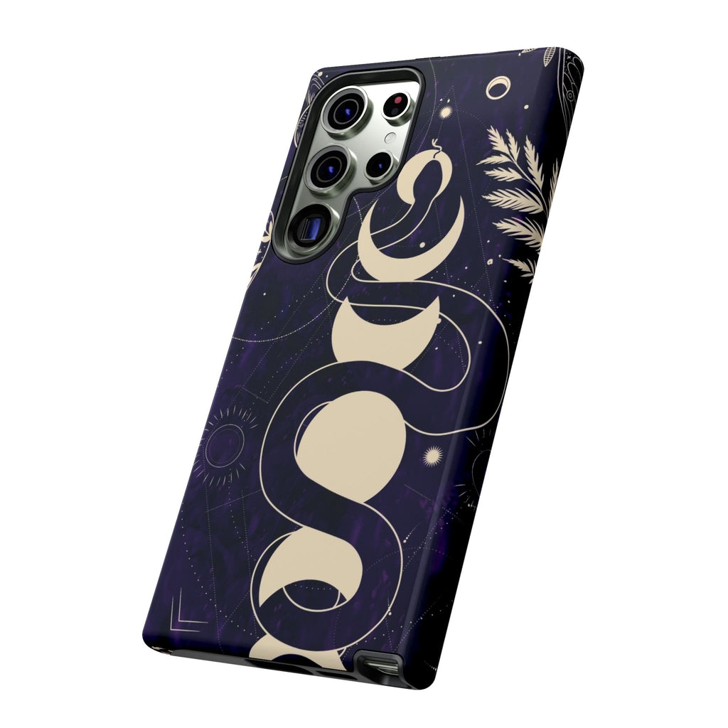 Dark Violet Phone Case with Lunar Phases, Snake & Cosmic Motifs | Durable and Stylish, Perfect for Astrology Lovers