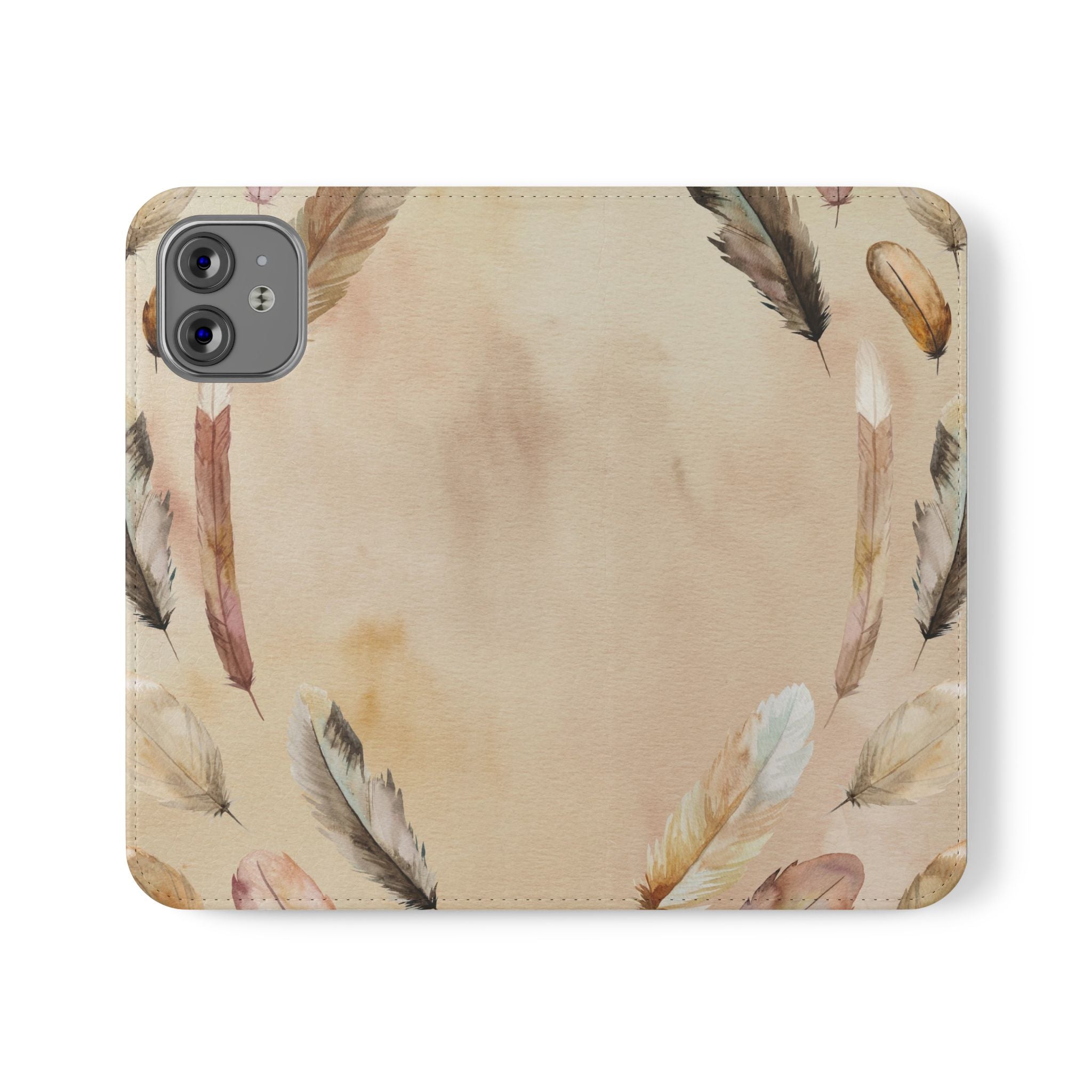 Feathers Flip Case, Phone Case, Protective Cover, Faux Leather Stand Feature Card & Cash Storage, Vibrant Colors, Stylish and Practical