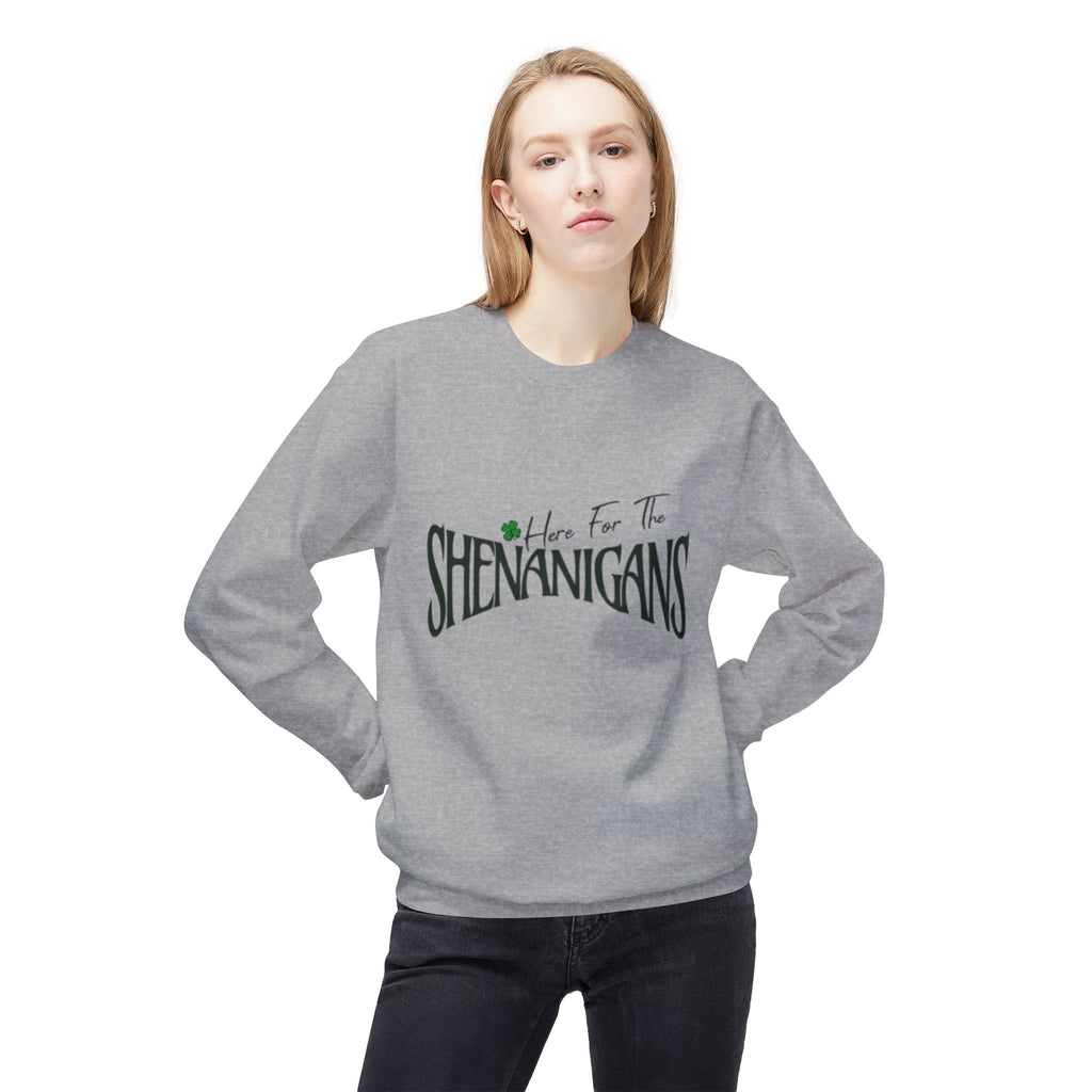 St. Patrick's Day Sweatshirt, Here for the Shenanigans Crewneck Sweater, Green Fleece Pullover, Casual Gift for Friends, Holiday Apparel