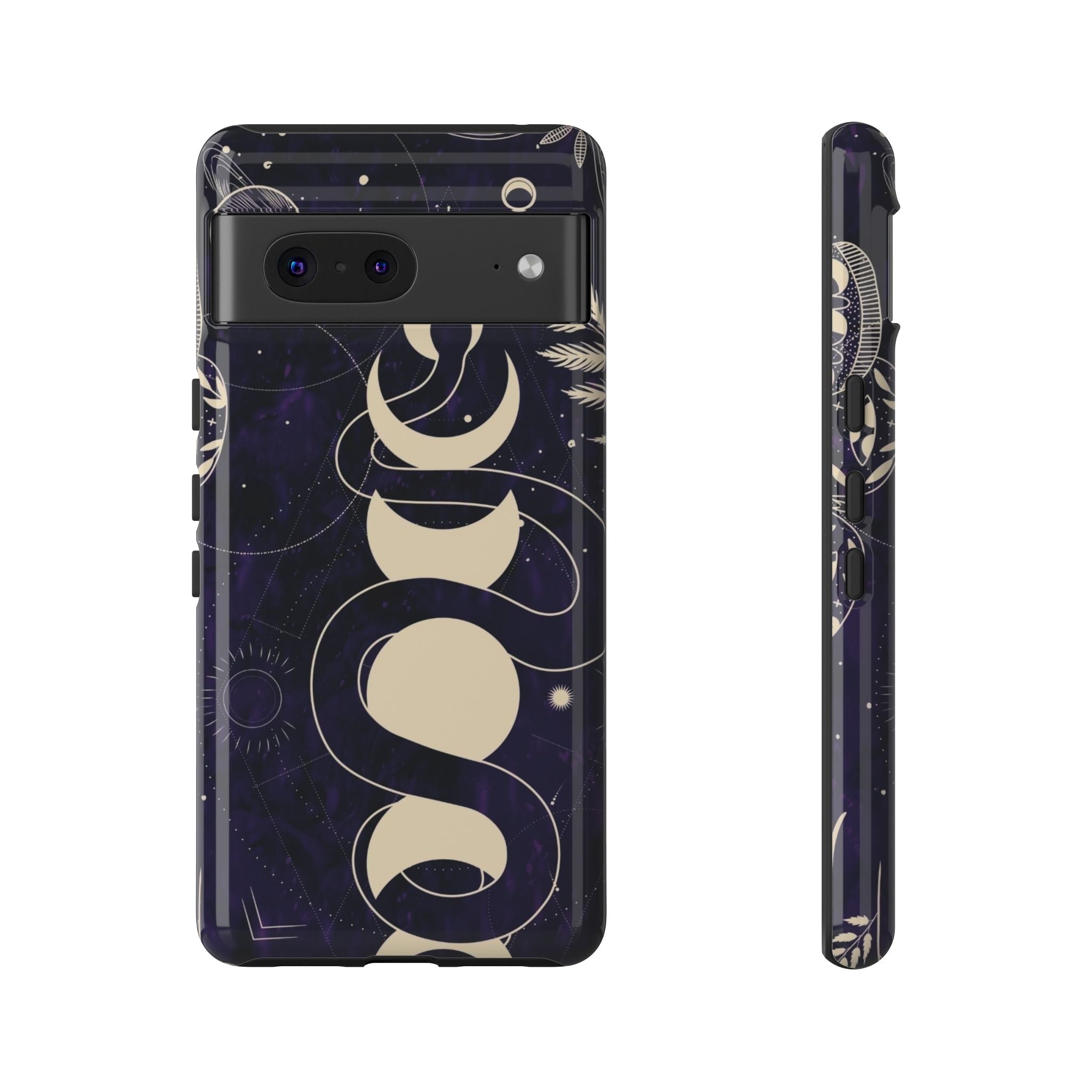 Dark Violet Phone Case with Lunar Phases, Snake & Cosmic Motifs | Durable and Stylish, Perfect for Astrology Lovers