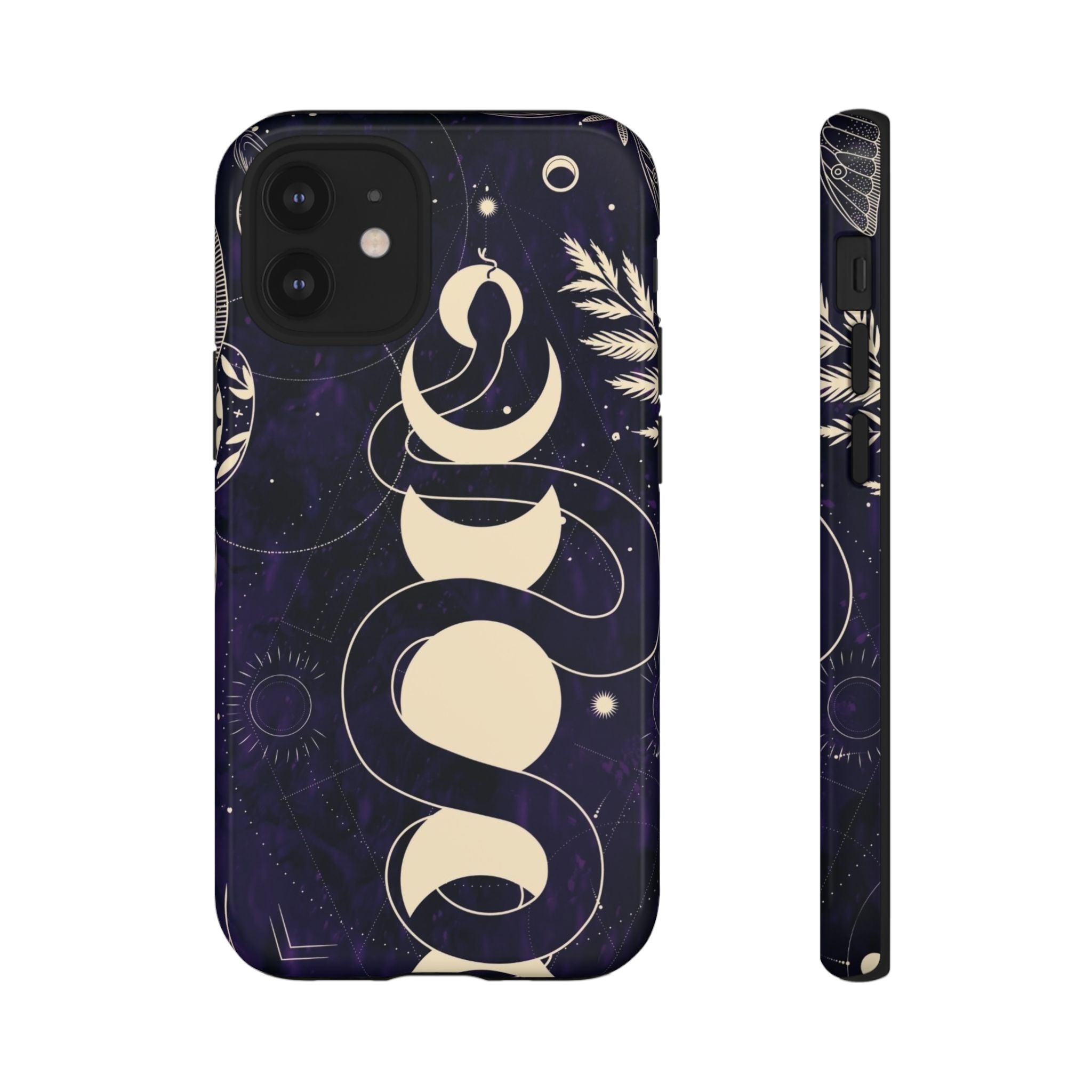 Dark Violet Phone Case with Lunar Phases, Snake & Cosmic Motifs | Durable and Stylish, Perfect for Astrology Lovers