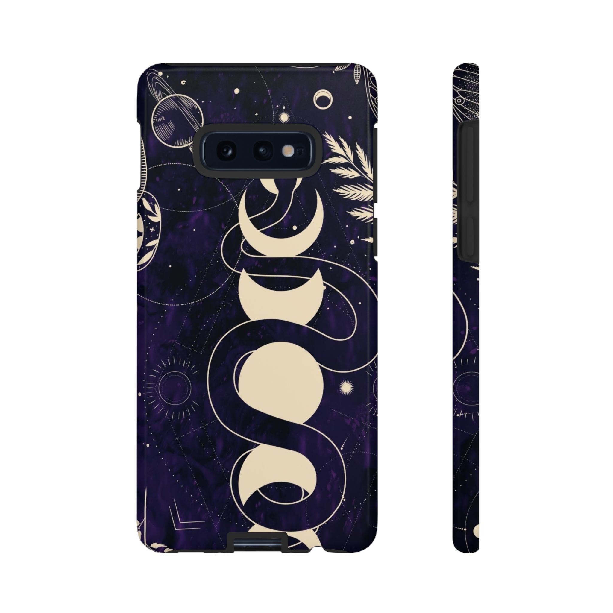 Dark Violet Phone Case with Lunar Phases, Snake & Cosmic Motifs | Durable and Stylish, Perfect for Astrology Lovers