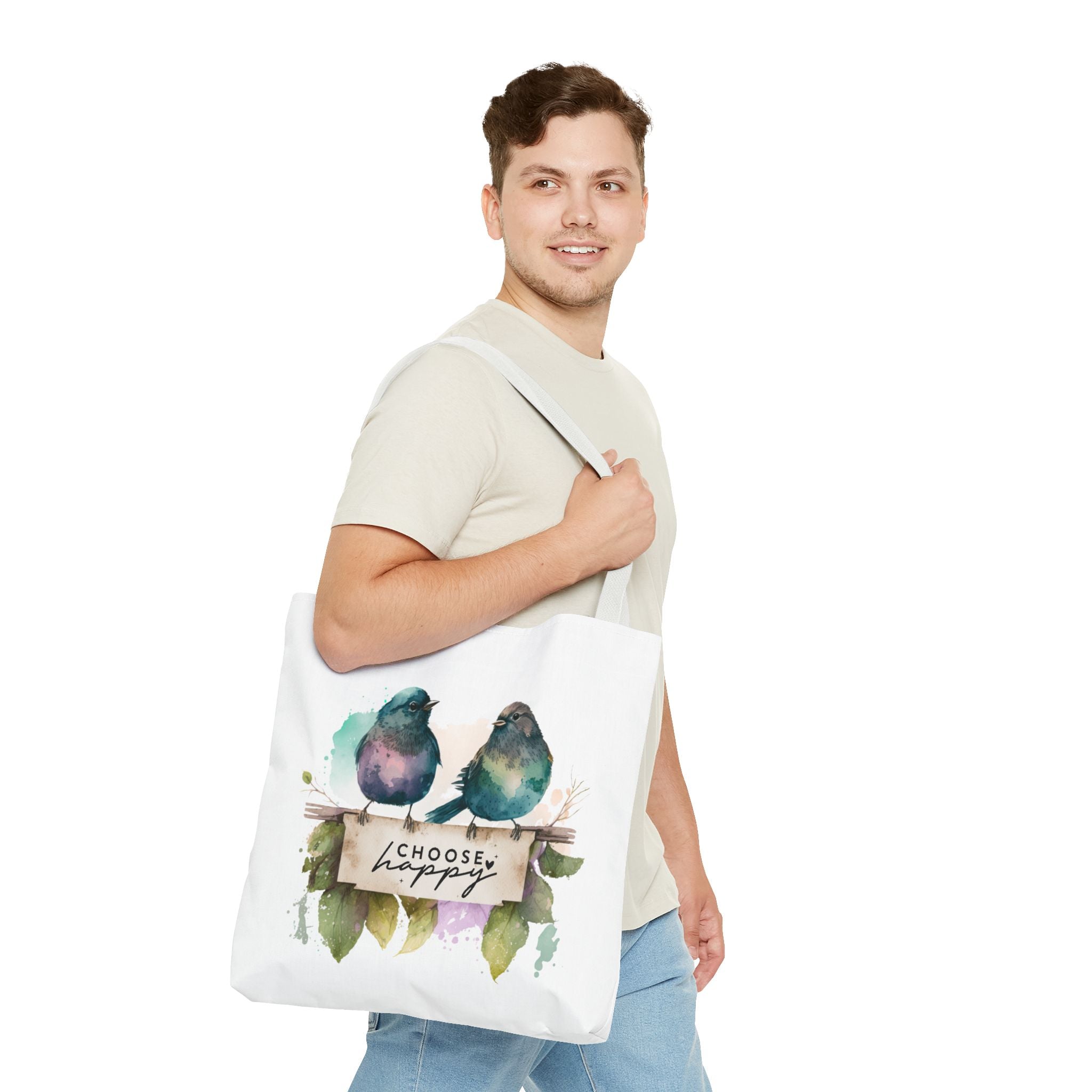 Cheerful Bird Design Tote Bag - Choose Happy Watercolor Print - 3 Sizes Available | Bird Lover Gift Idea |  Whimsical Birds Versatile Tote