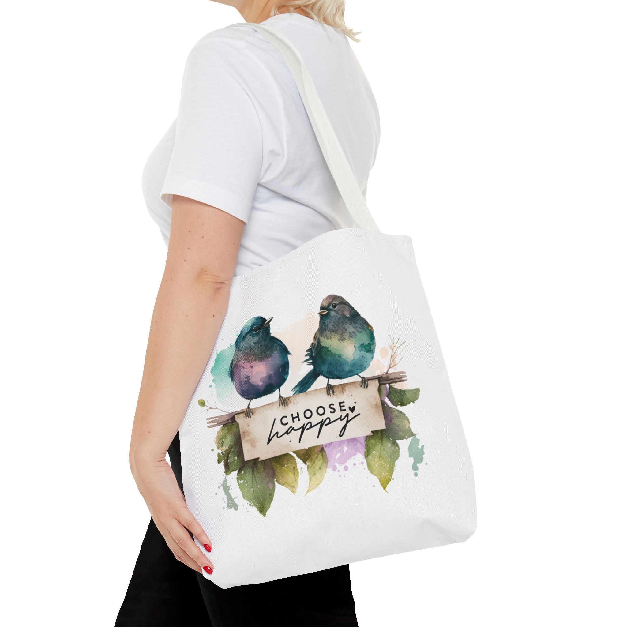 Cheerful Bird Design Tote Bag - Choose Happy Watercolor Print - 3 Sizes Available | Bird Lover Gift Idea |  Whimsical Birds Versatile Tote