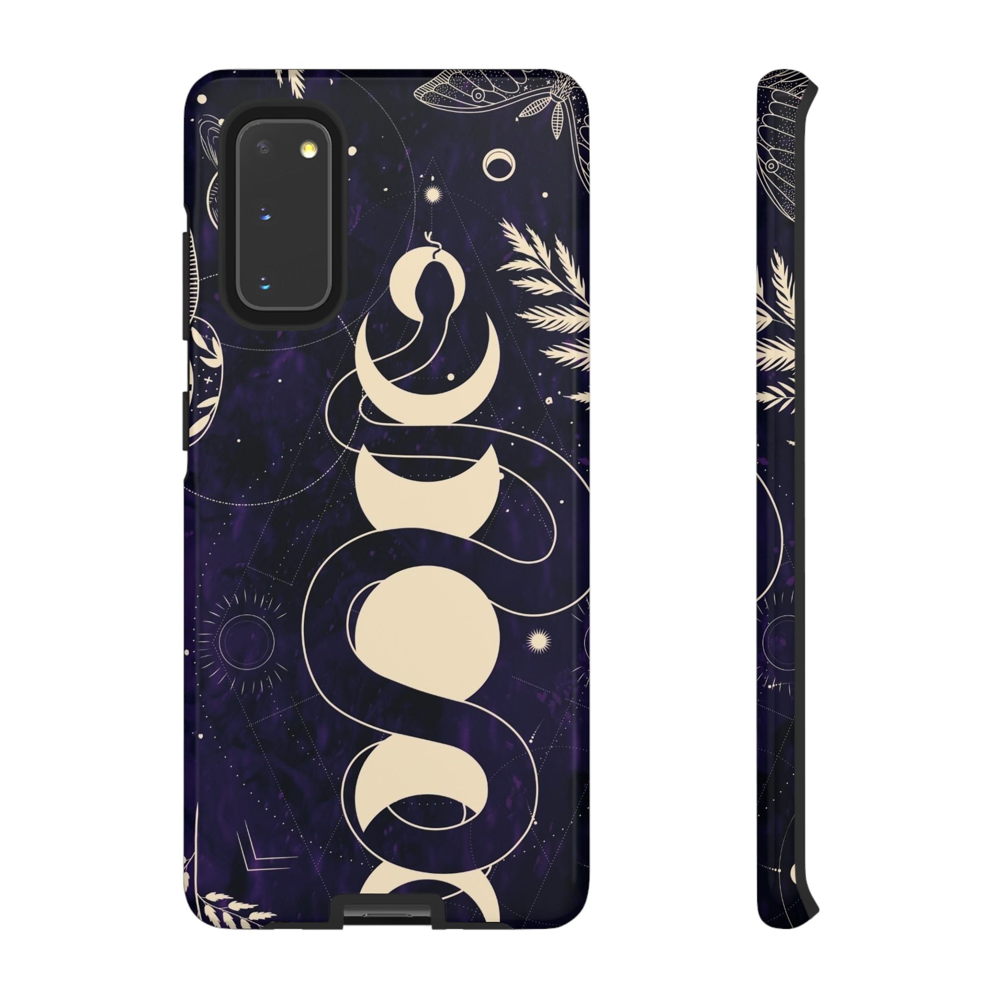 Dark Violet Phone Case with Lunar Phases, Snake & Cosmic Motifs | Durable and Stylish, Perfect for Astrology Lovers