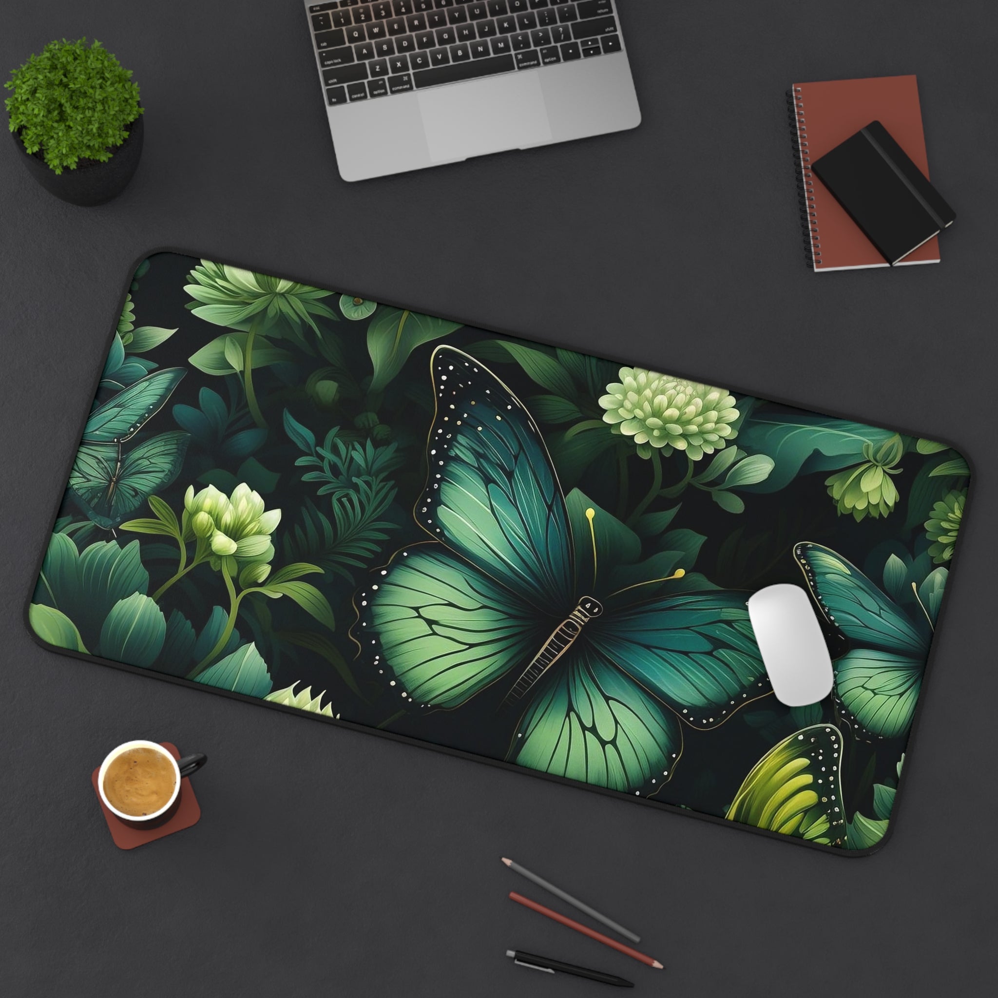 Botany of Wings Emerald Desk Mat: Vibrant neoprene mat in 3 sizes, Dark Butterfly Print