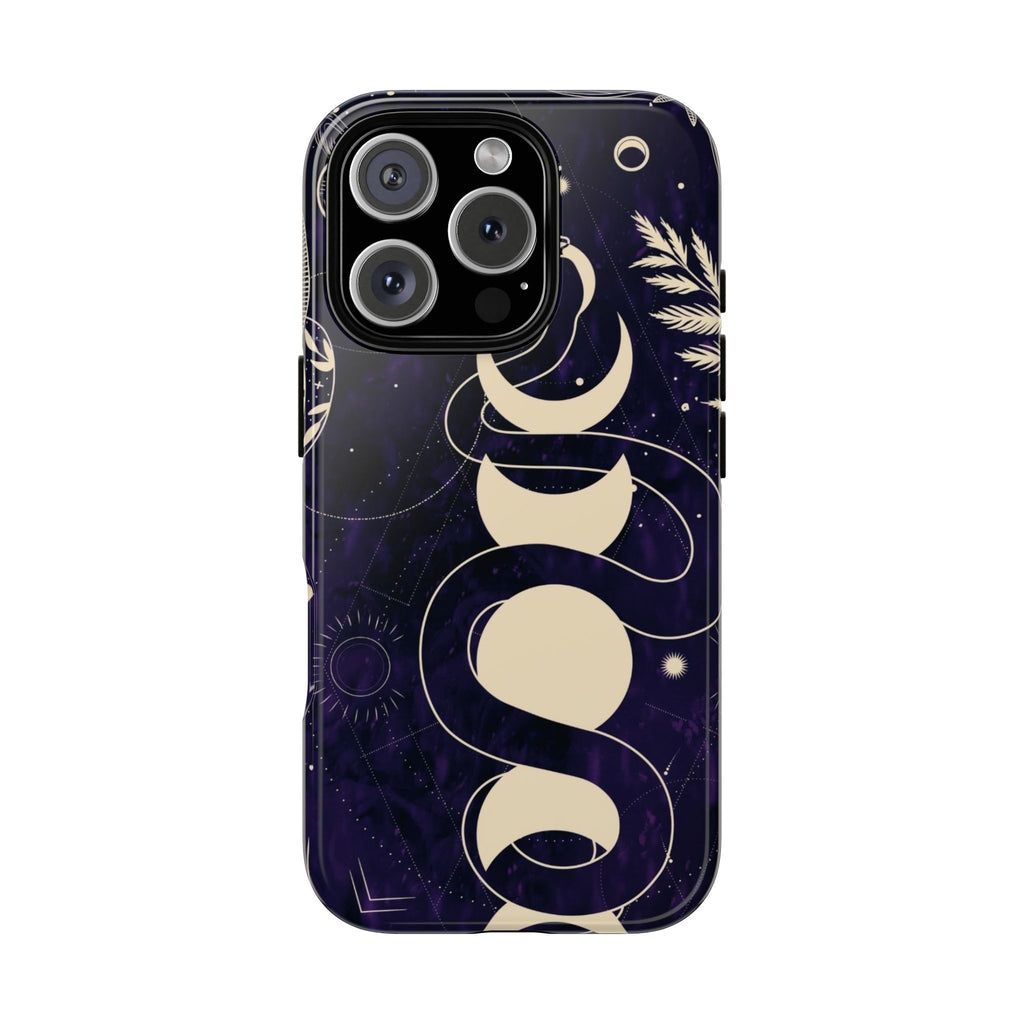 Dark Violet Phone Case with Lunar Phases, Snake & Cosmic Motifs | Durable and Stylish, Perfect for Astrology Lovers