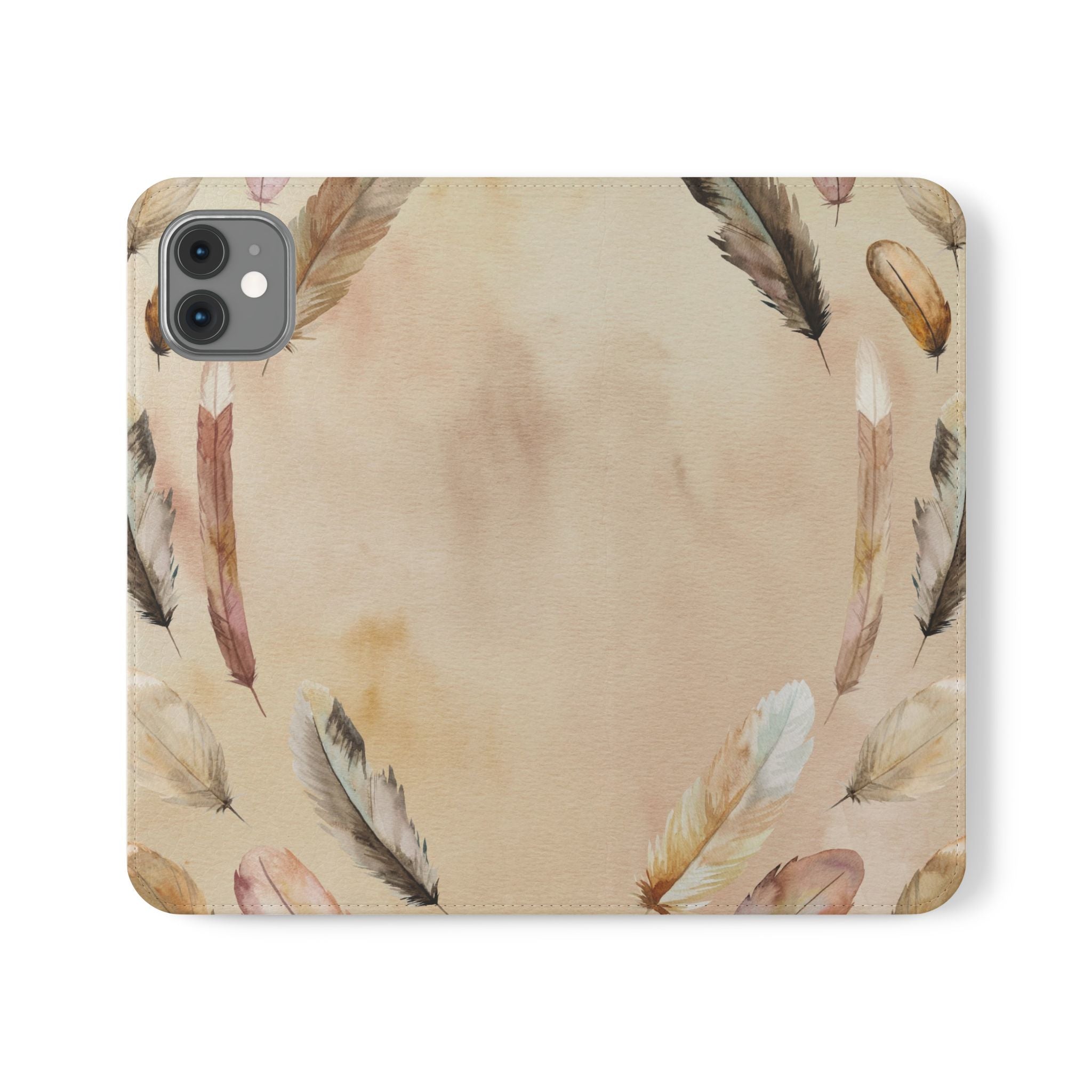 Feathers Flip Case, Phone Case, Protective Cover, Faux Leather Stand Feature Card & Cash Storage, Vibrant Colors, Stylish and Practical