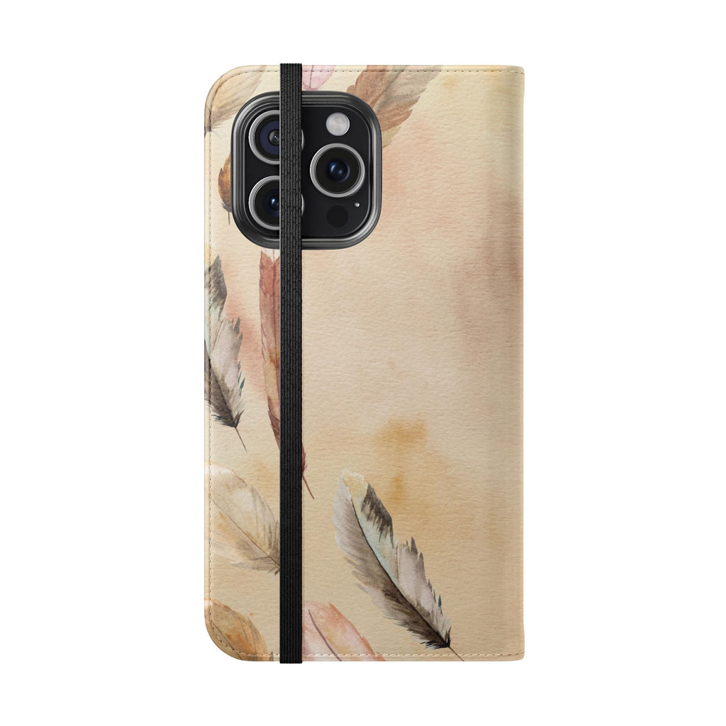 Feathers Flip Case, Phone Case, Protective Cover, Faux Leather Stand Feature Card & Cash Storage, Vibrant Colors, Stylish and Practical