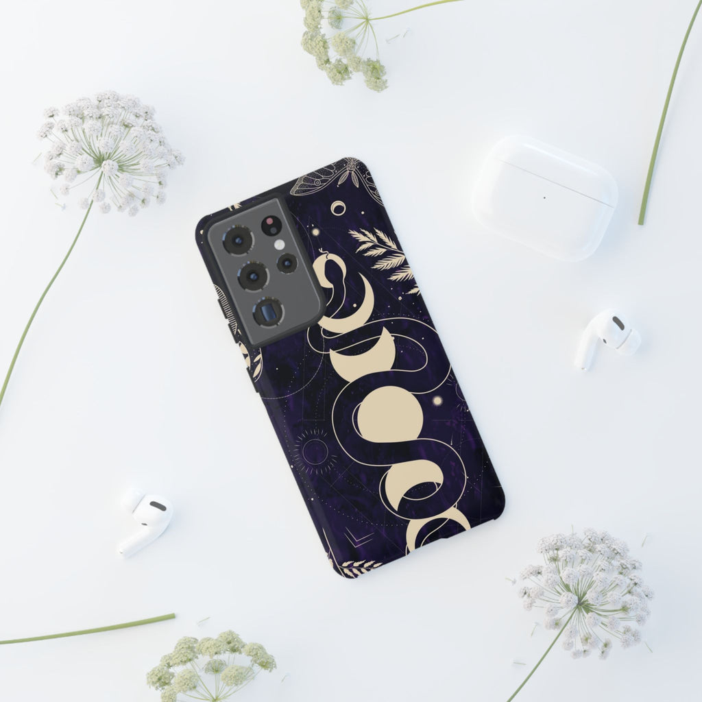 Dark Violet Phone Case with Lunar Phases, Snake & Cosmic Motifs | Durable and Stylish, Perfect for Astrology Lovers