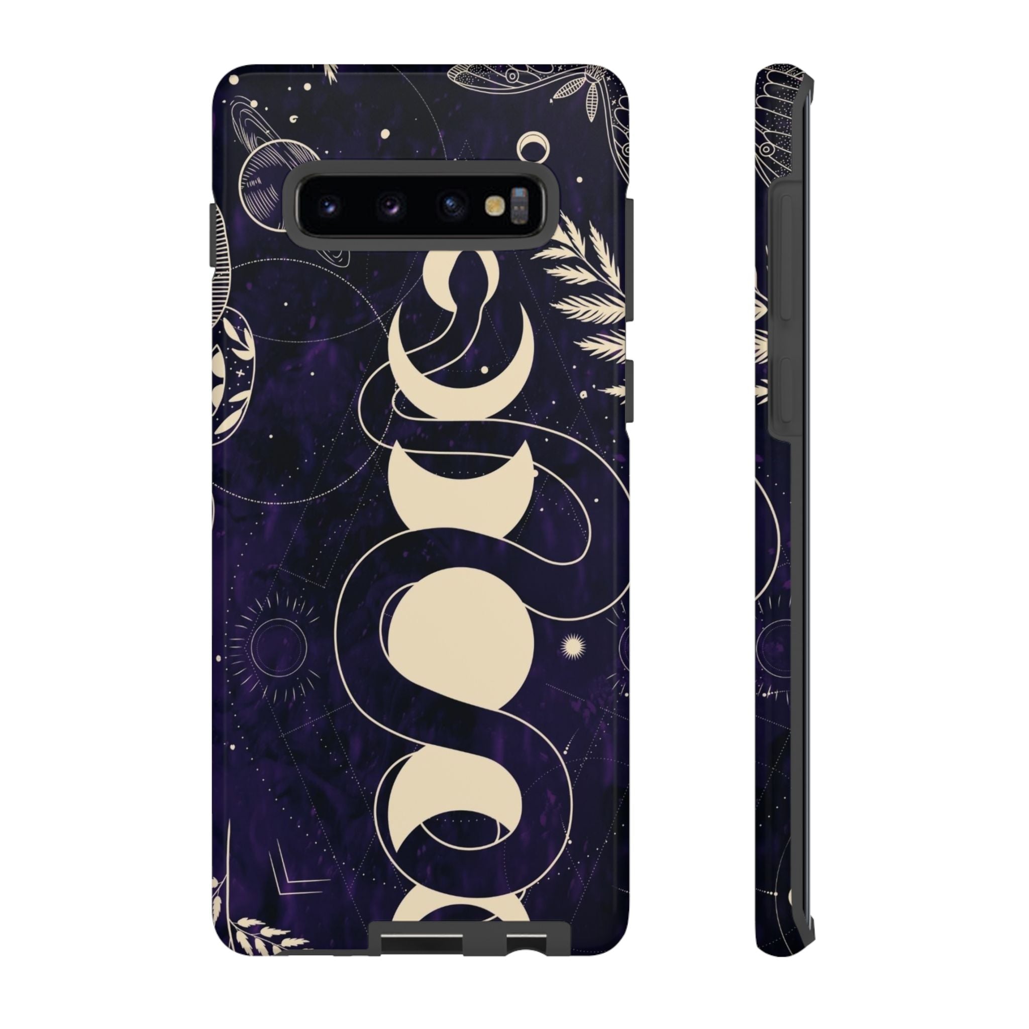 Dark Violet Phone Case with Lunar Phases, Snake & Cosmic Motifs | Durable and Stylish, Perfect for Astrology Lovers