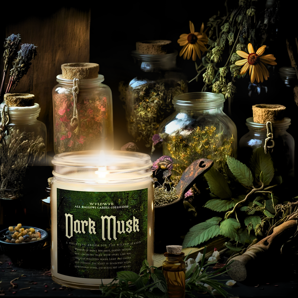 Scented Candle: Dark Musk, part of the All Hallows Candle Collection, 9 oz Coconut Apricot Wax