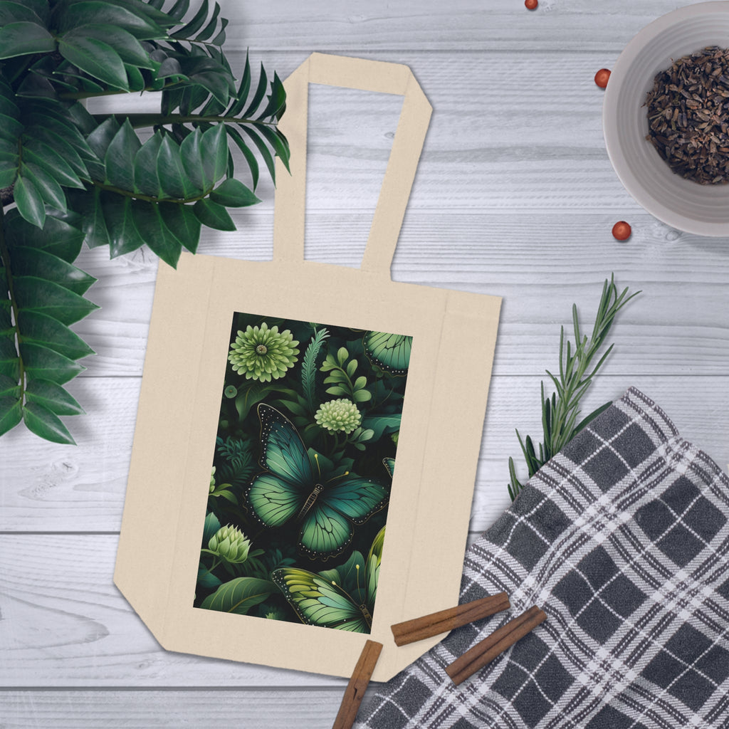 Botanical Double Wine Tote Bag - Emerald Butterflies, Gift for Wine Lovers, Eco-Friendly Gift, Wine Carrier, Picnic Essential, Mother's Day