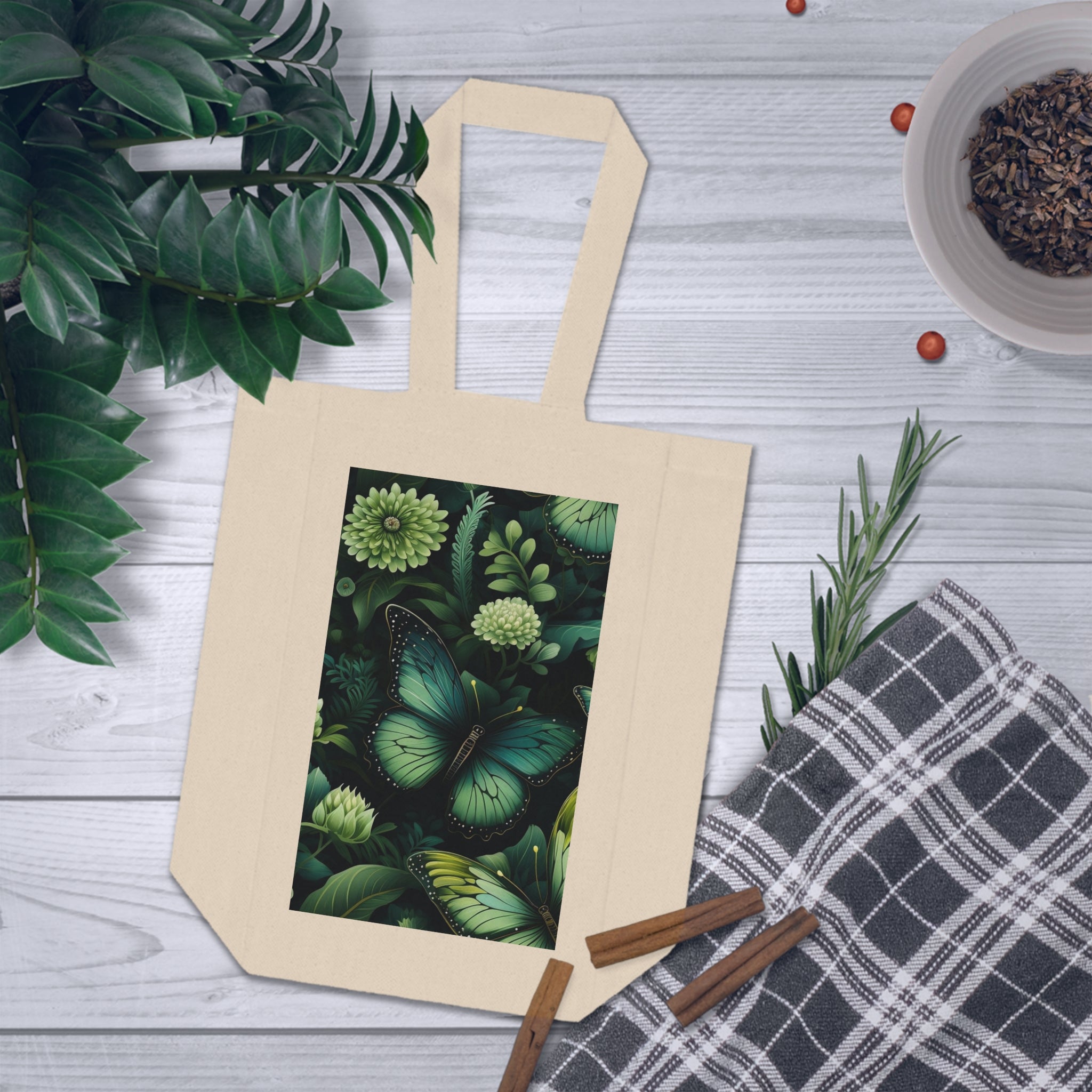 Botanical Double Wine Tote Bag - Emerald Butterflies, Gift for Wine Lovers, Eco-Friendly Gift, Wine Carrier, Picnic Essential, Mother's Day