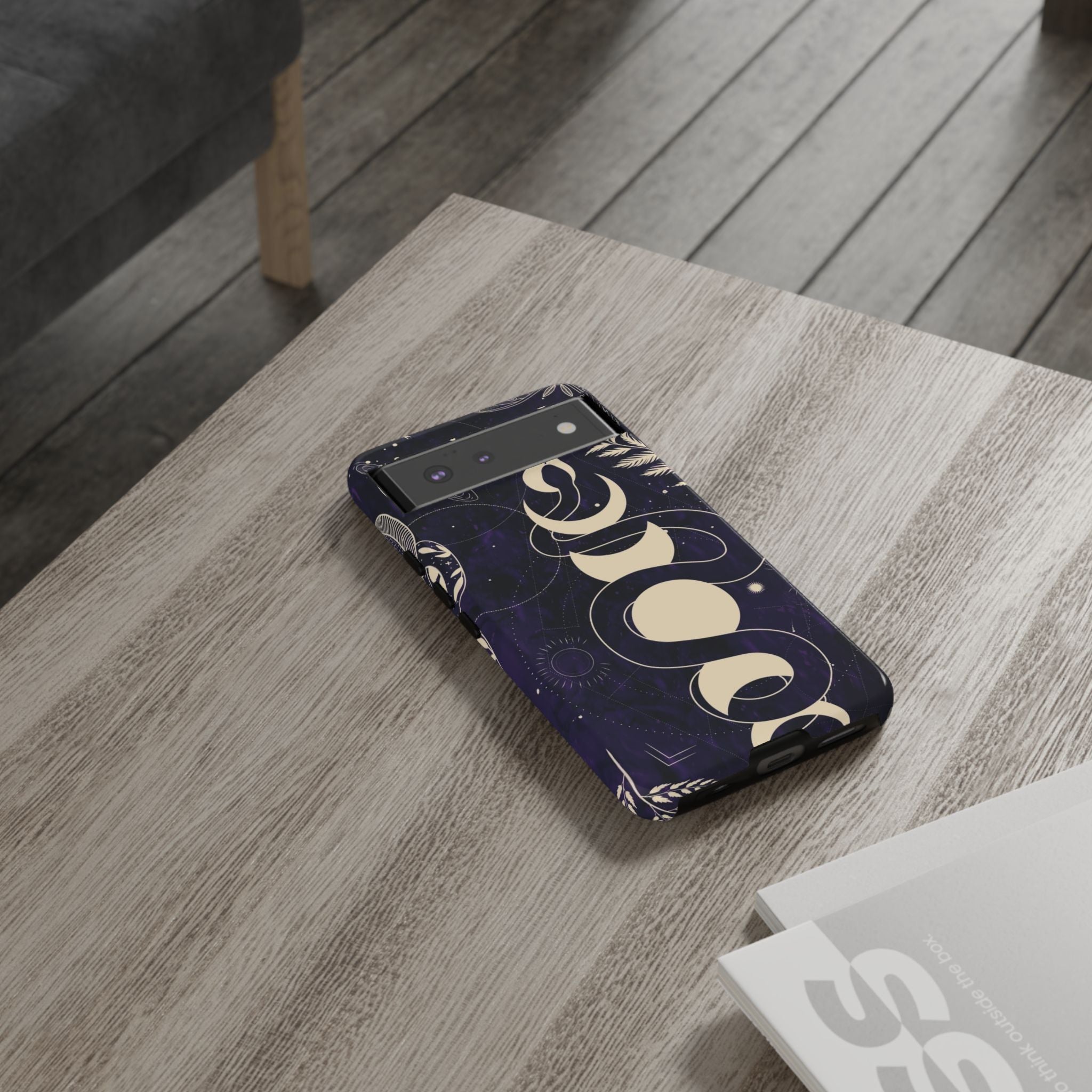 Dark Violet Phone Case with Lunar Phases, Snake & Cosmic Motifs | Durable and Stylish, Perfect for Astrology Lovers