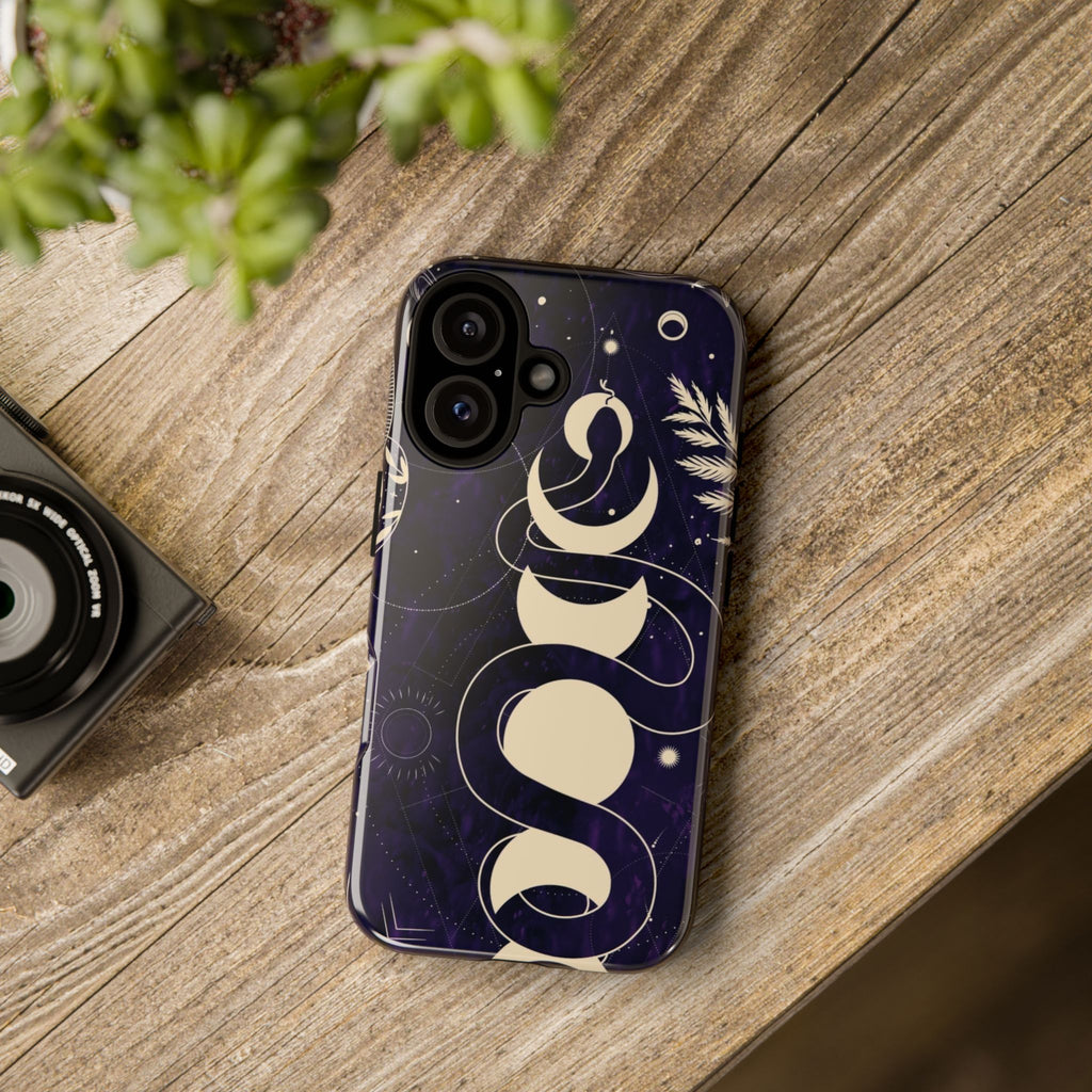Dark Violet Phone Case with Lunar Phases, Snake & Cosmic Motifs | Durable and Stylish, Perfect for Astrology Lovers