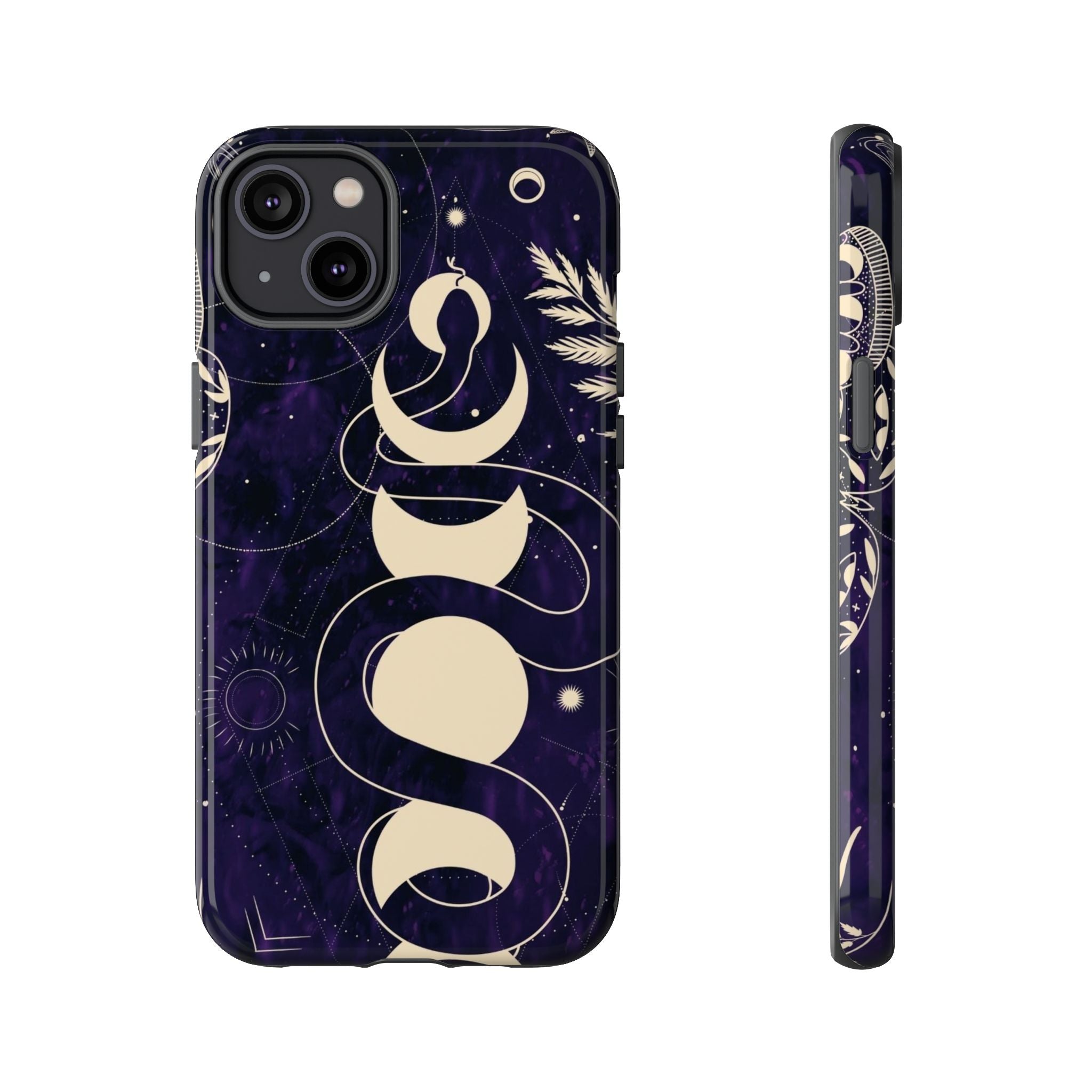 Dark Violet Phone Case with Lunar Phases, Snake & Cosmic Motifs | Durable and Stylish, Perfect for Astrology Lovers