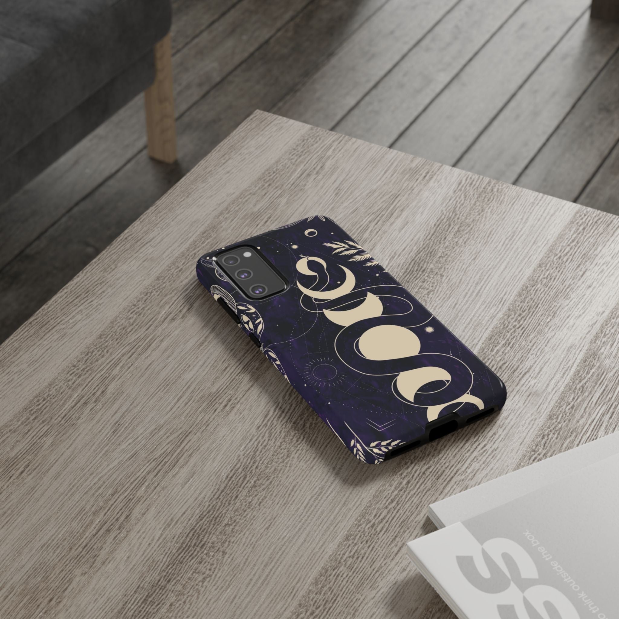 Dark Violet Phone Case with Lunar Phases, Snake & Cosmic Motifs | Durable and Stylish, Perfect for Astrology Lovers