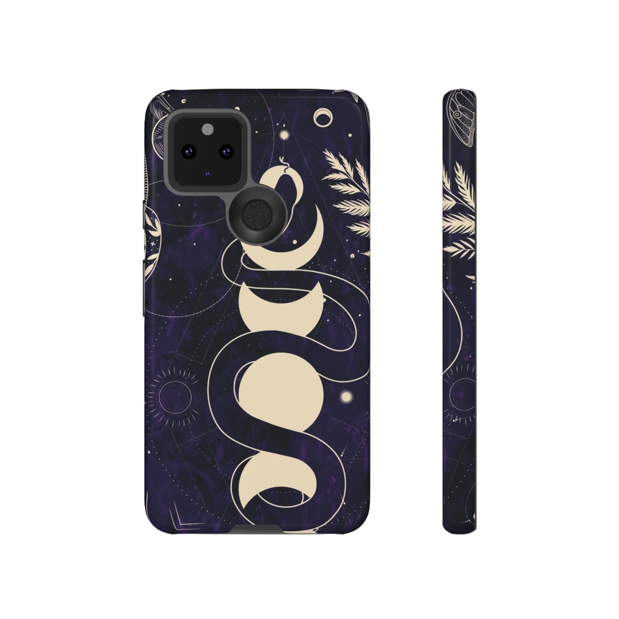 Dark Violet Phone Case with Lunar Phases, Snake & Cosmic Motifs | Durable and Stylish, Perfect for Astrology Lovers
